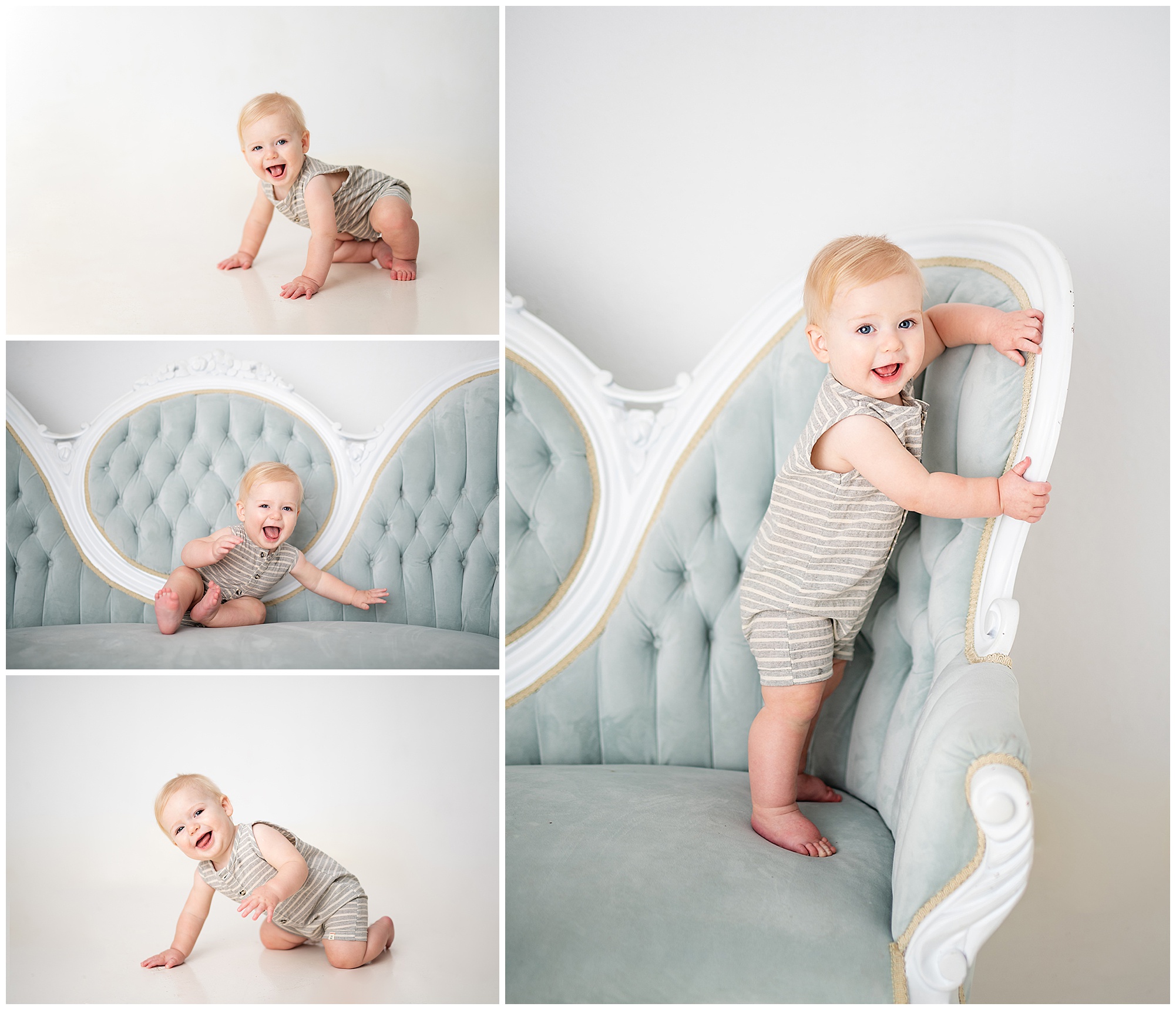 baby boy climbing over a couch in the studio