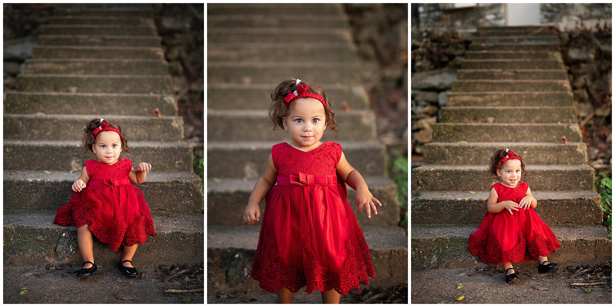 little girl in a red dress sitting on concrete stairs