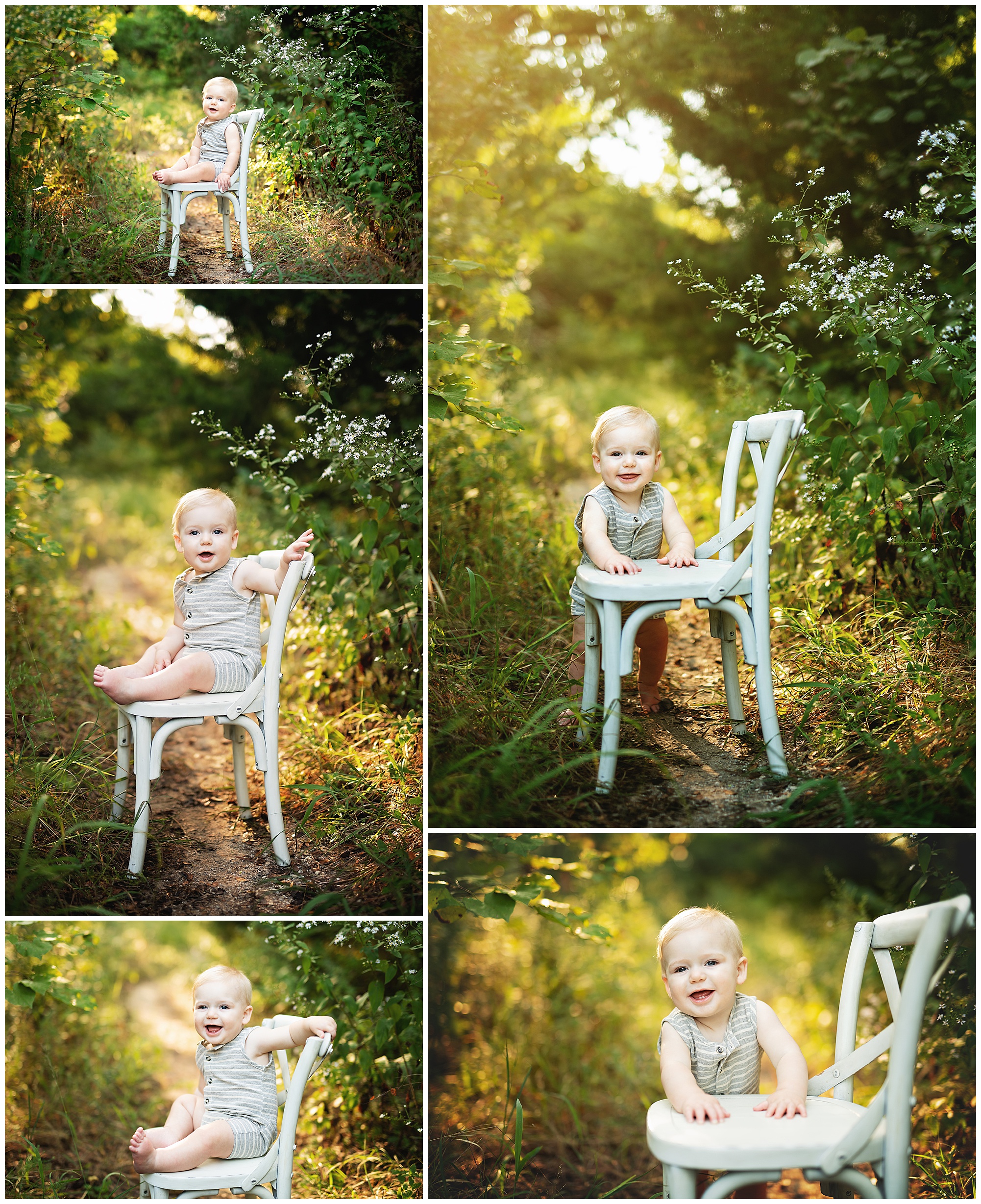 9 month old boy using a white chair to stand up with a gorgeous sunset behind him