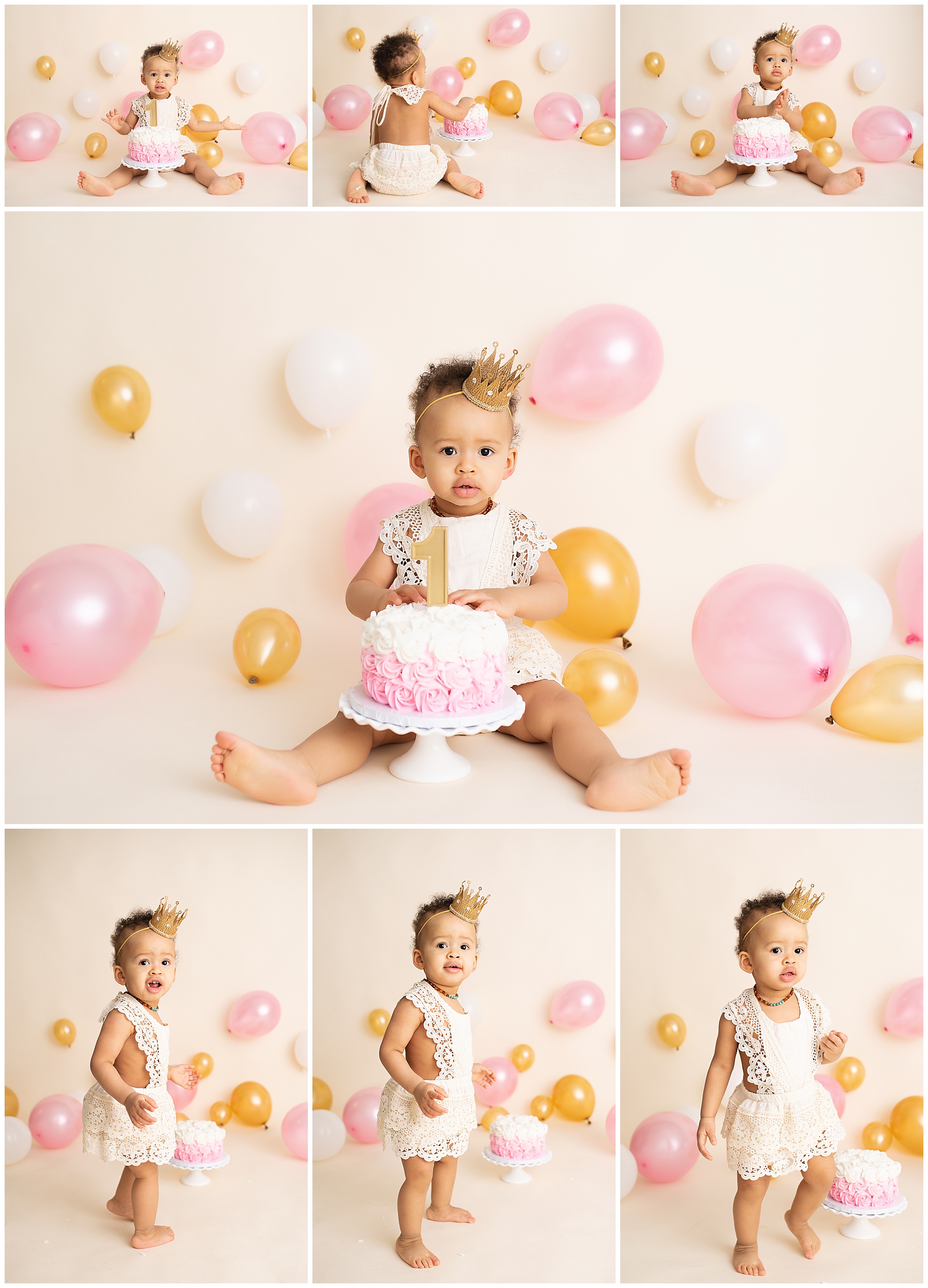 birthday girl playing with her pink cake in the photography studio