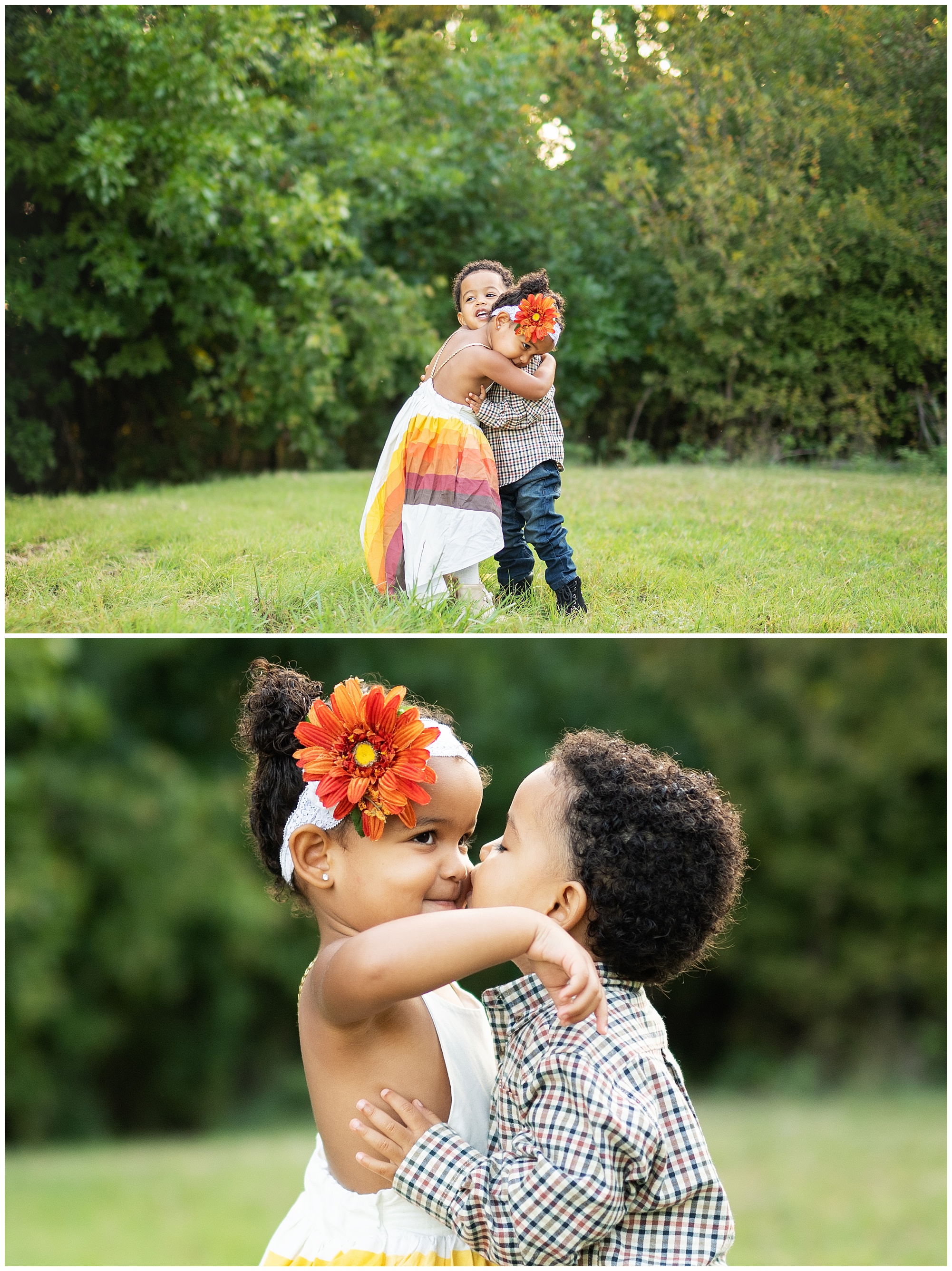 twins hugging during family photos
