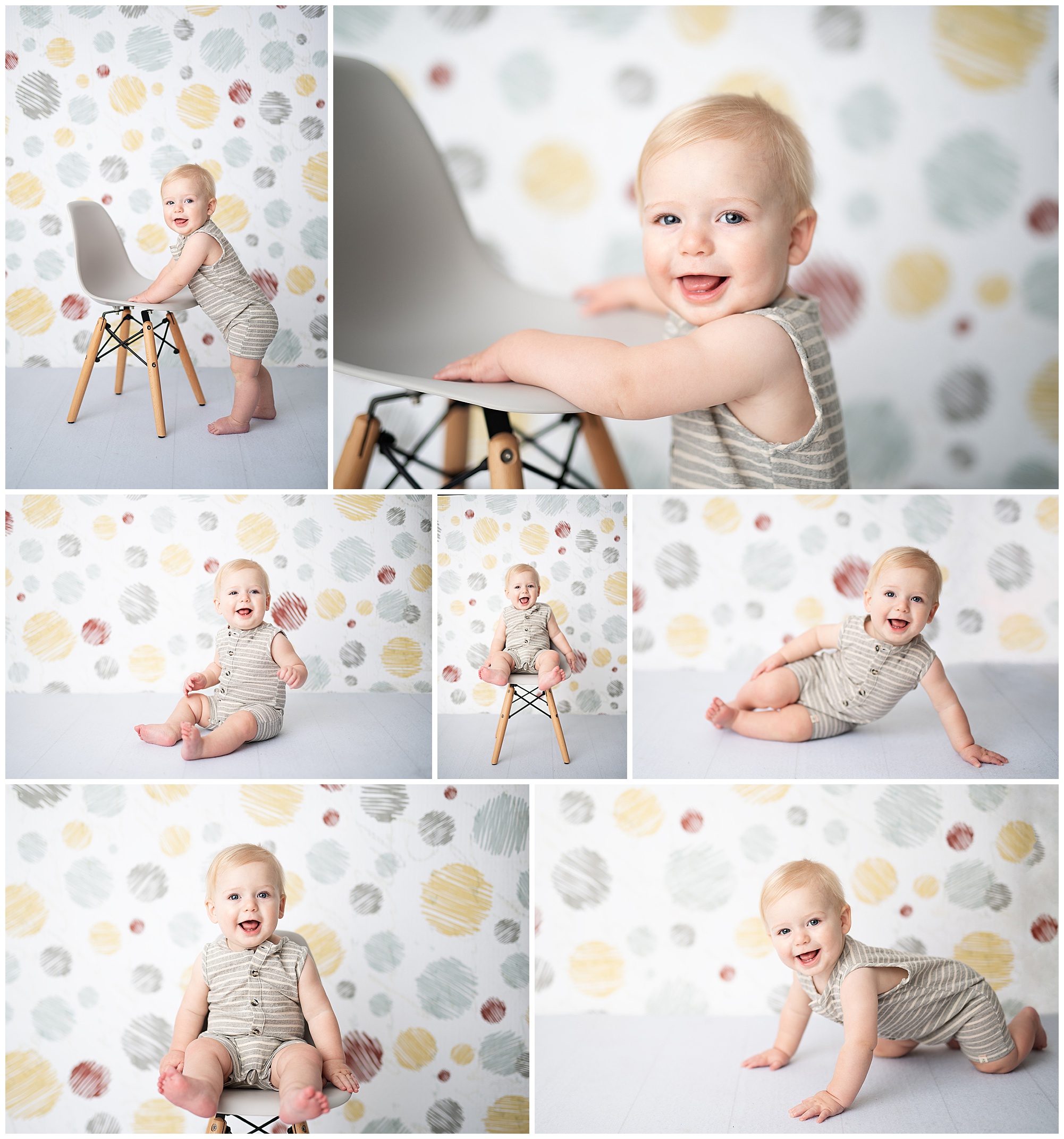 9 month old boy crawling In the studio with a dotted backdrop