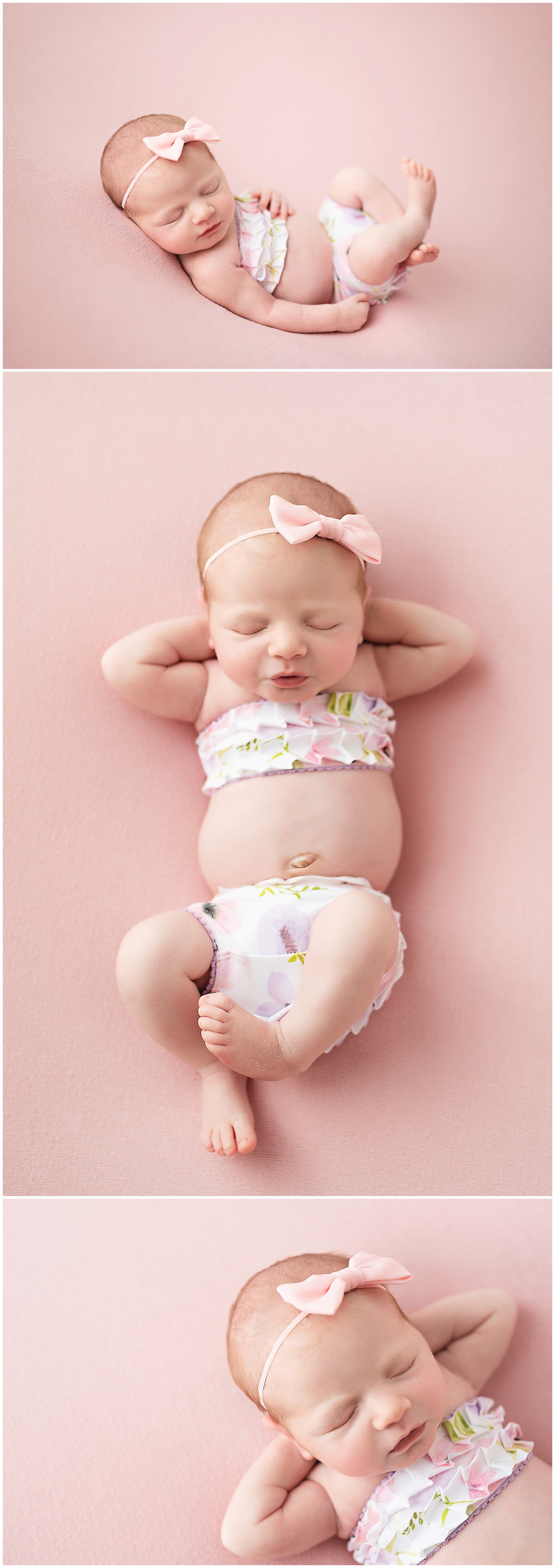 newborn baby girl relaxing in her outfit for newborn photo session