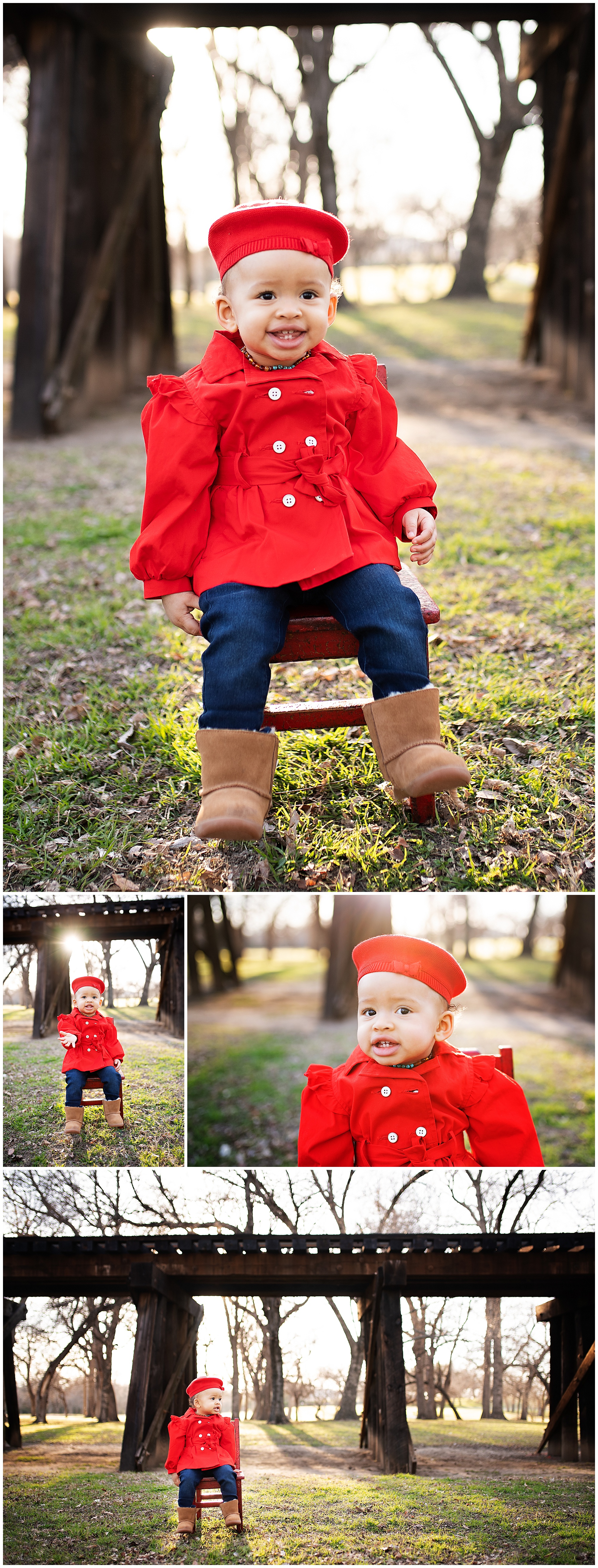 happy one year old sitting in a red chair during the sunset