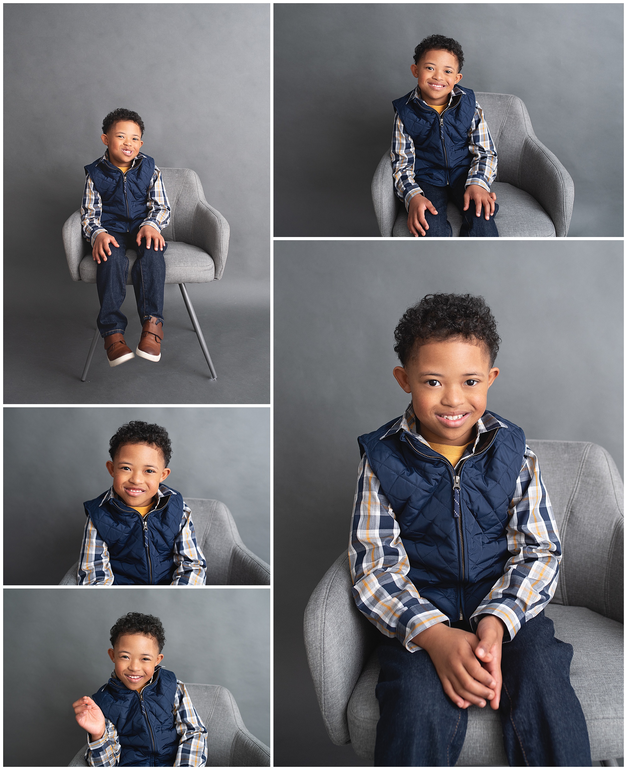 little boy sitting in a chair smiling for his solo photo