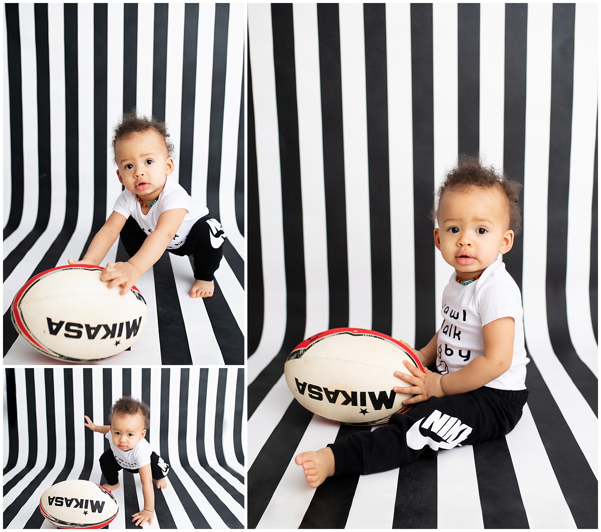 one year old with her moms rugby ball