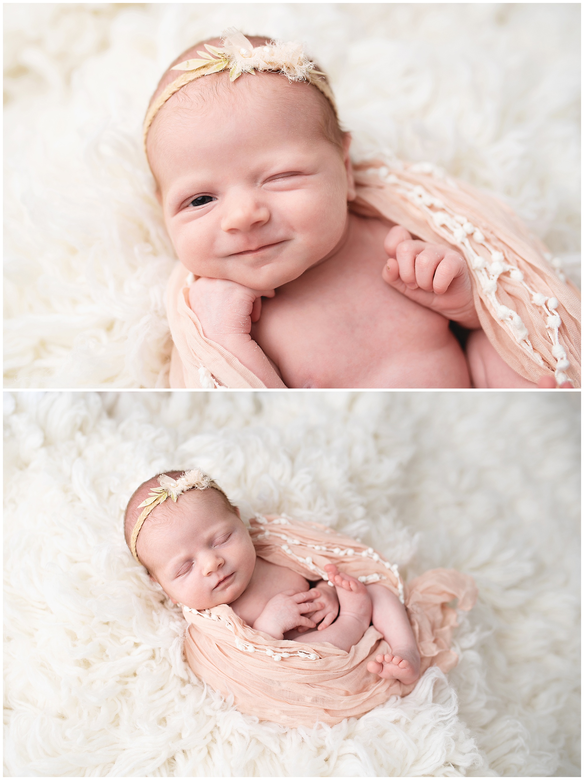 funny faces from a newborn baby girl in the studio for her newborn photo session