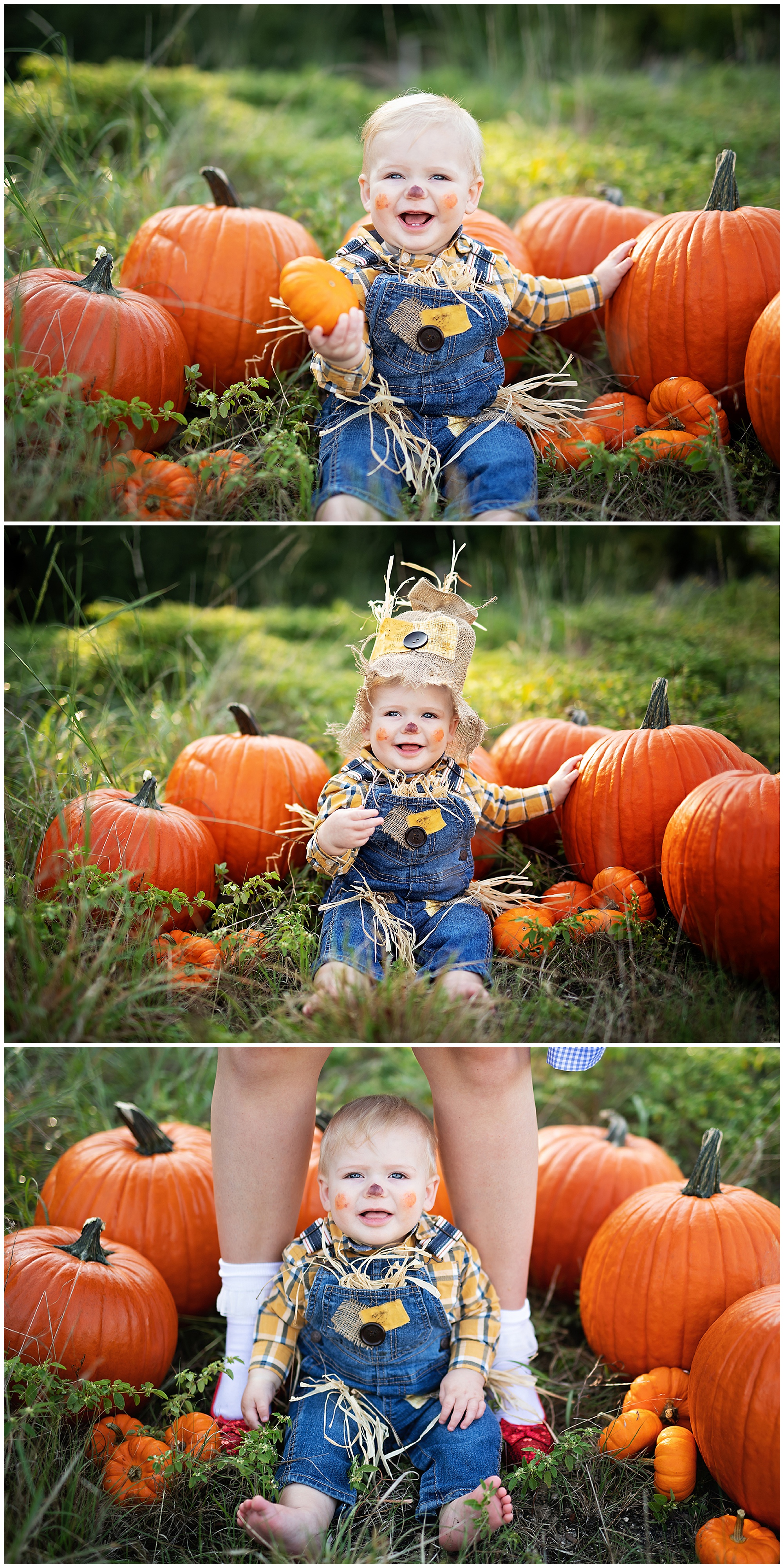 baby boy in his scarecrow costume surrounded by pumpkins 