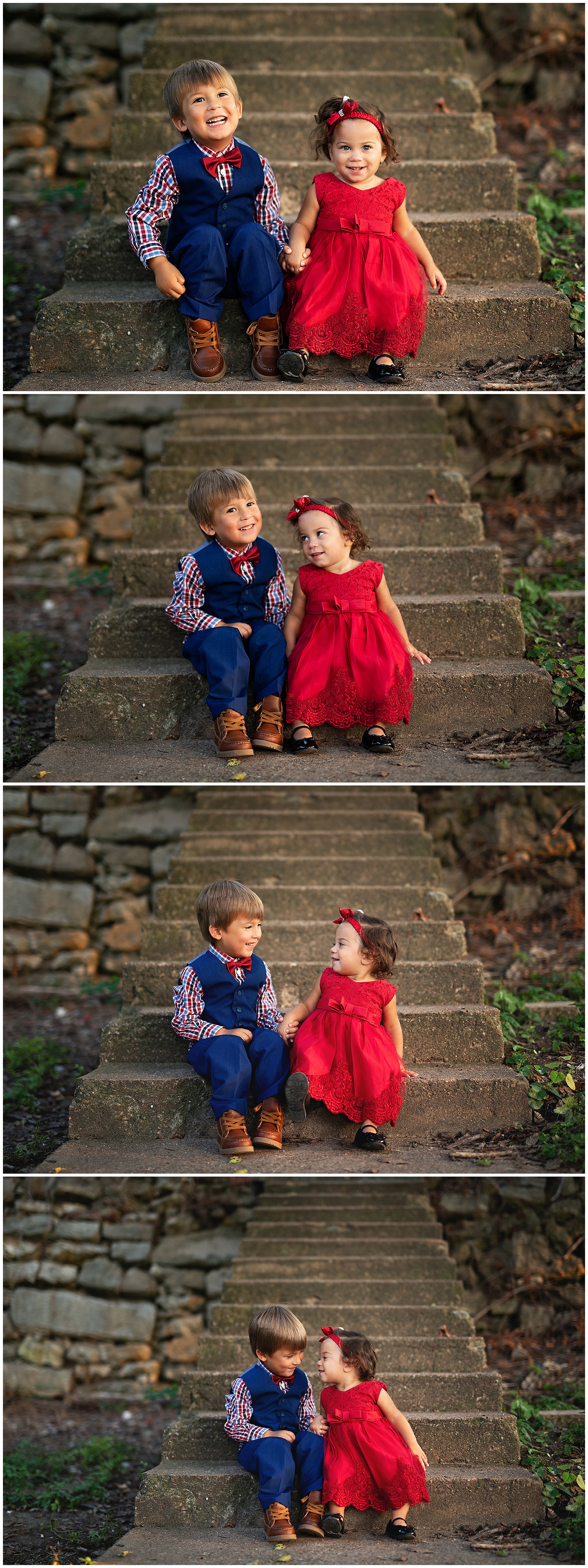 brother and sister sitting on concrete steps holding hands smiling