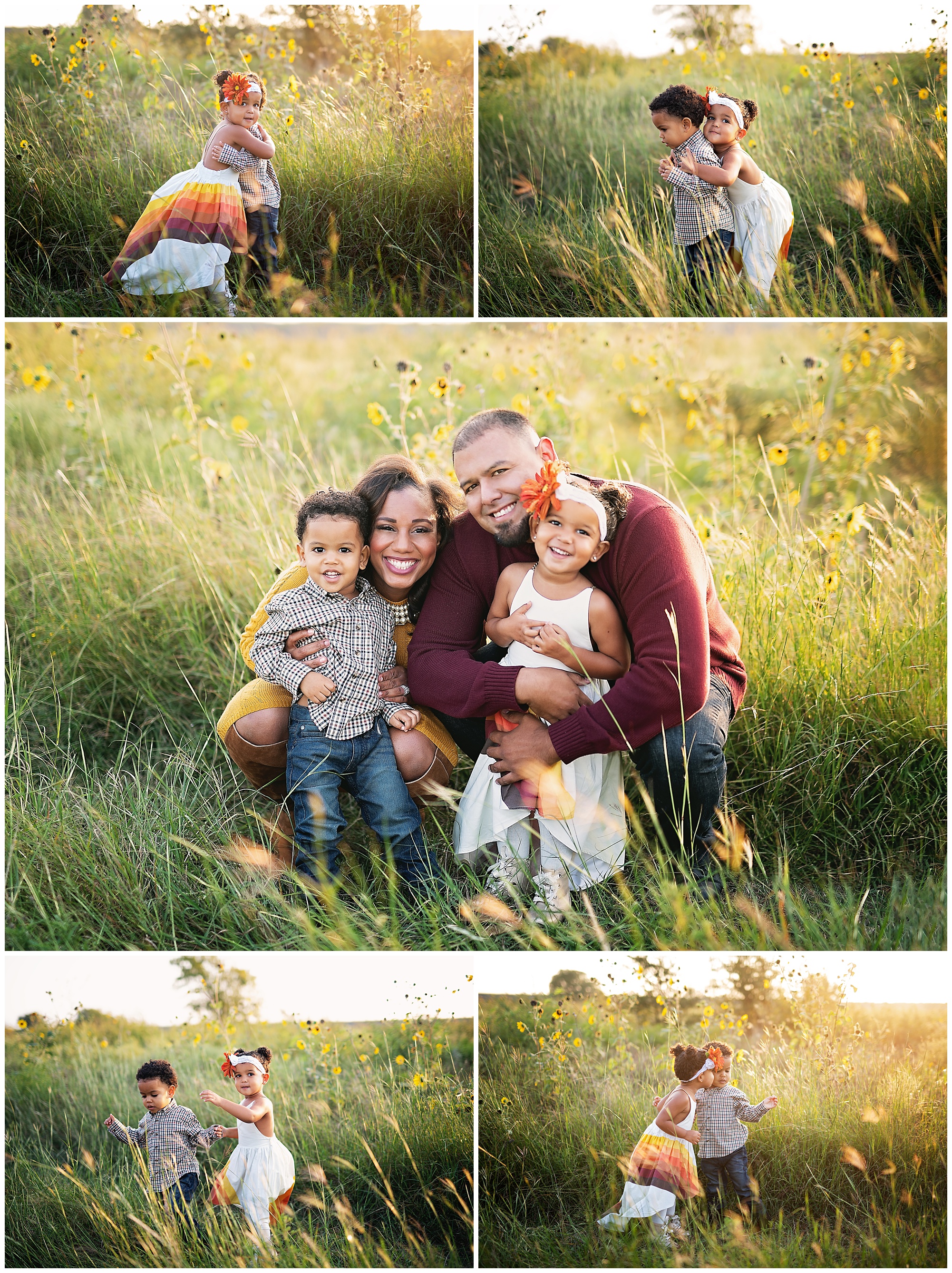 family of four hugging in the wildflowers for family photo session