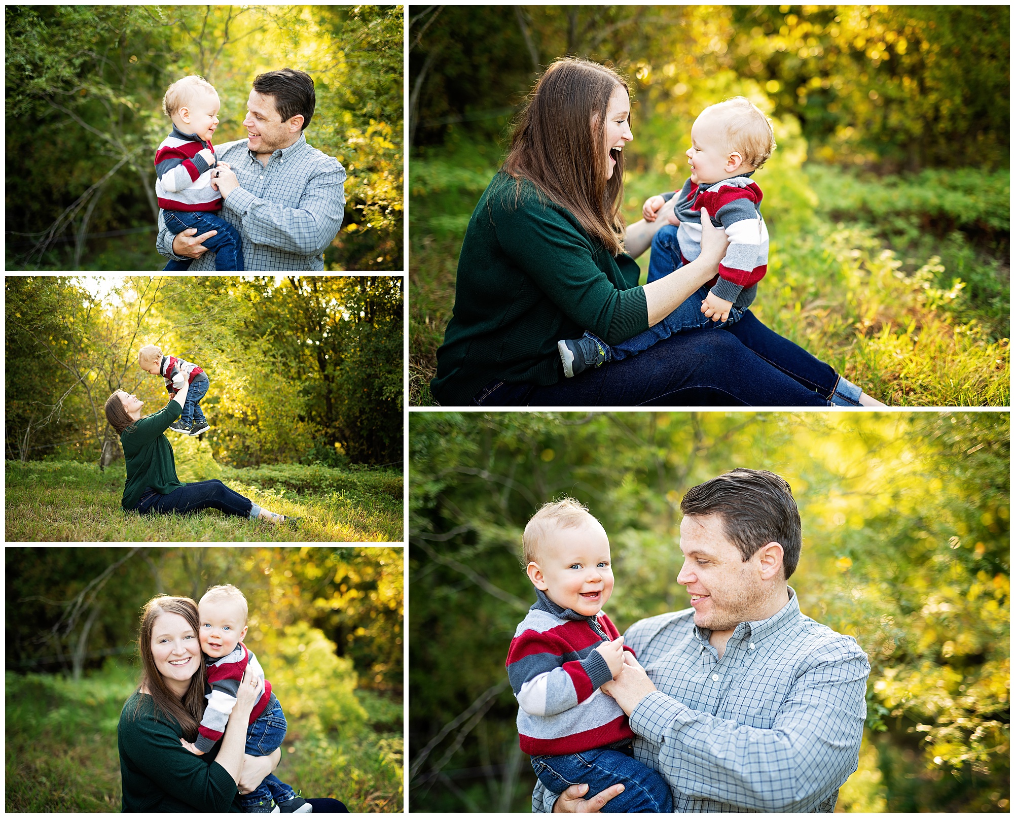 mom and dad playing with their one year old son for family photo session