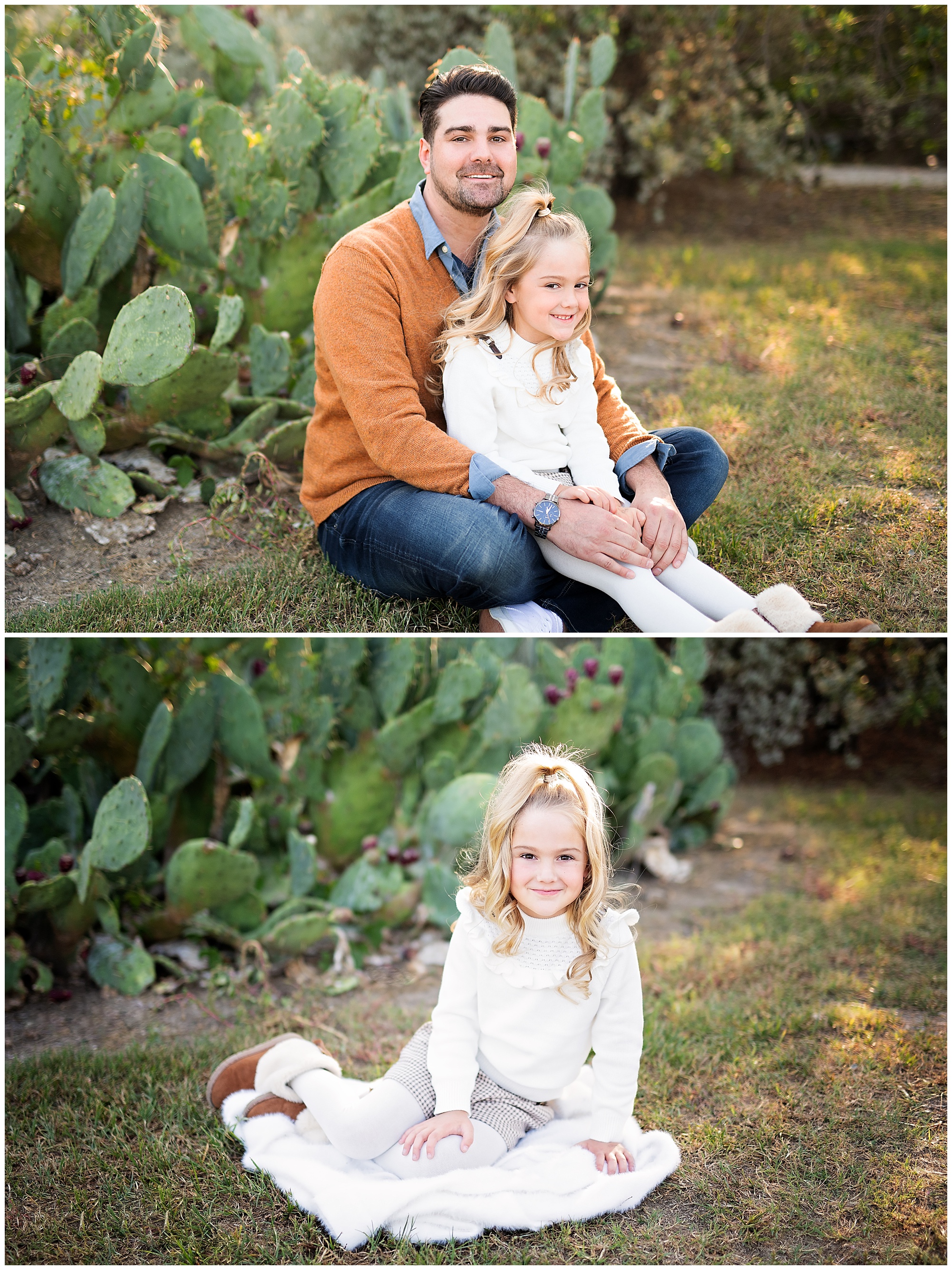 dad sitting with his daughter in his lap near a cactus bush