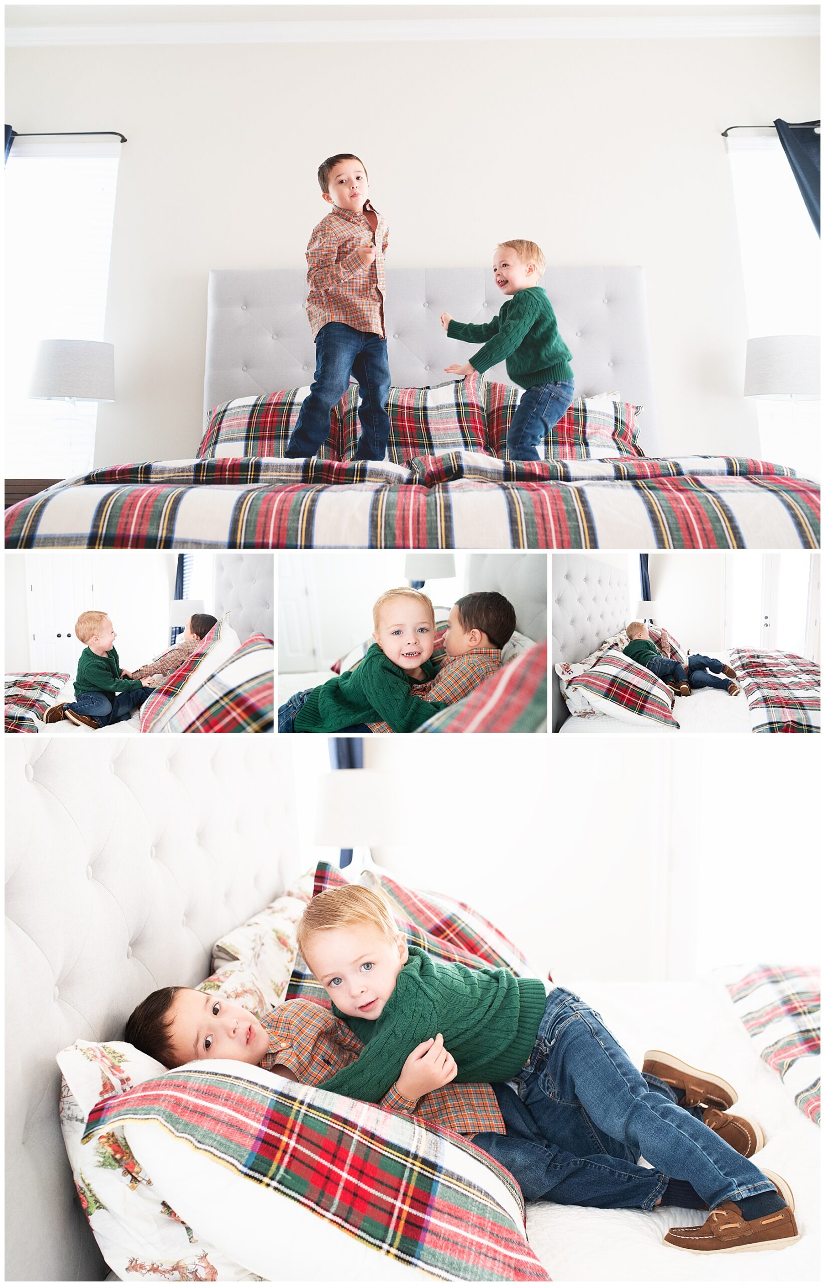 brother jumping on their parent bed