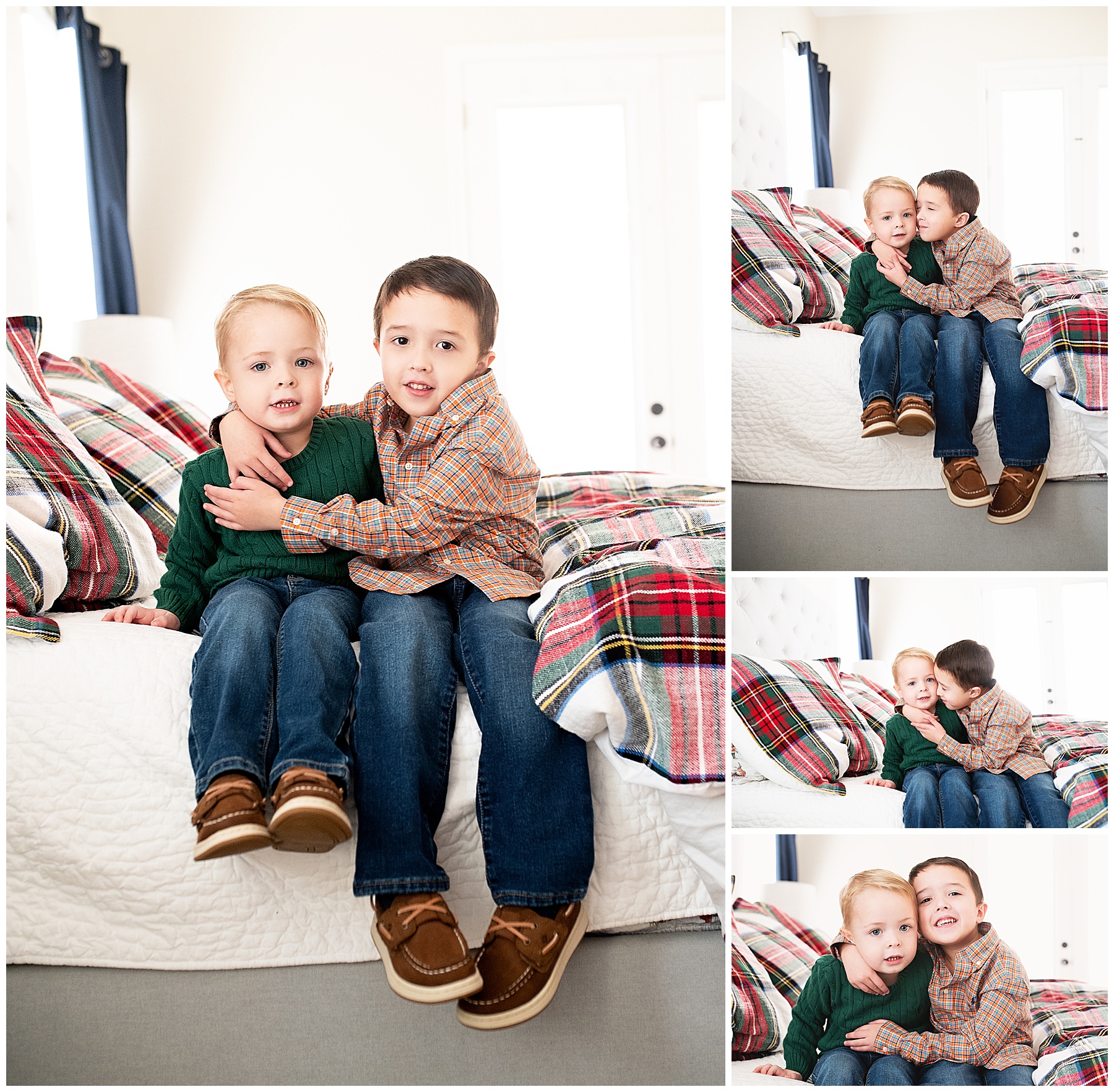 two brothers hugging on their parents Christmas bedding