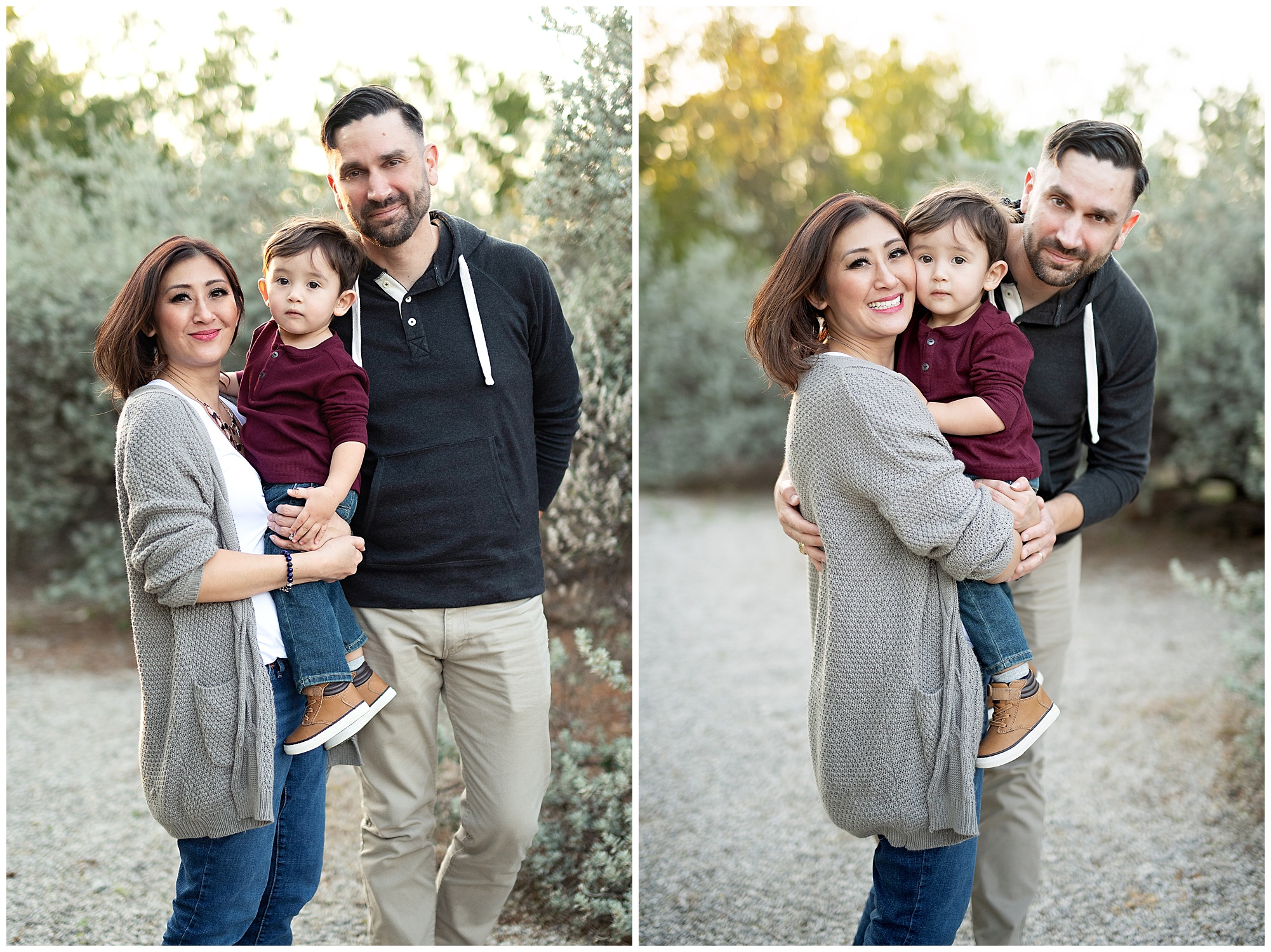 family of three hugging together for family photos
