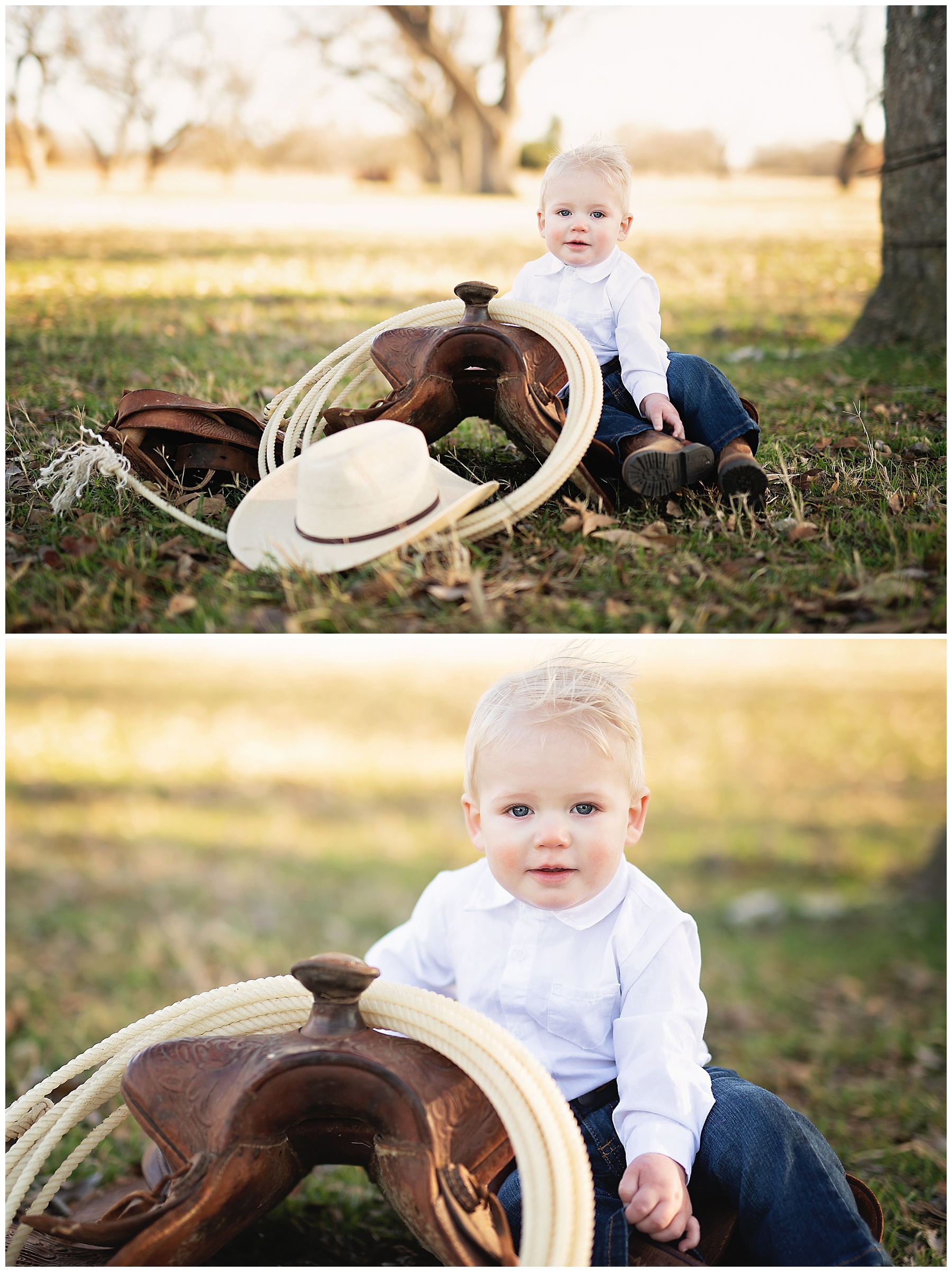 one year old boy sitting with his saddle, rope and cowboy hat