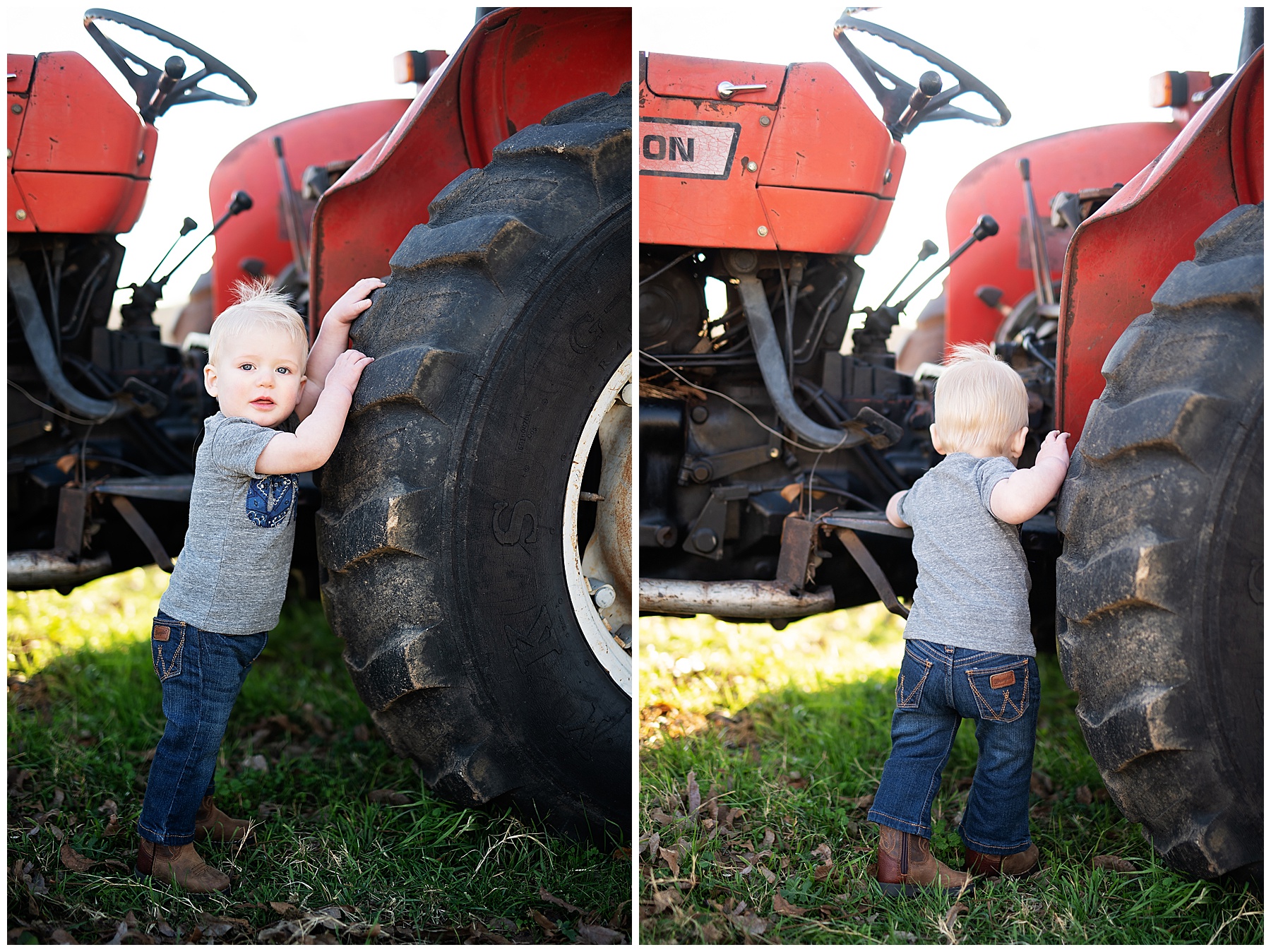 one year old boy climbing on a big red tractor
