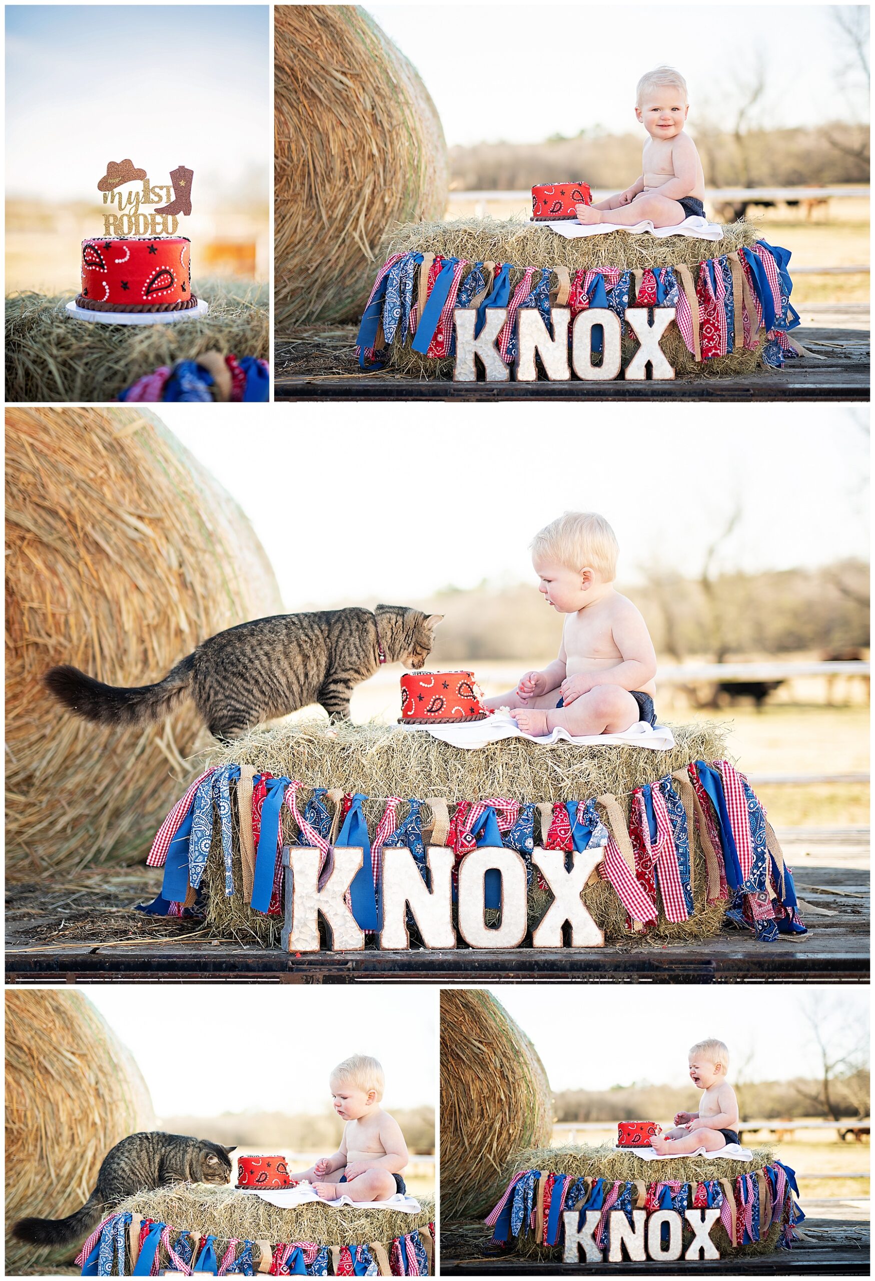 Knox's first rodeo cake smash on hay bails