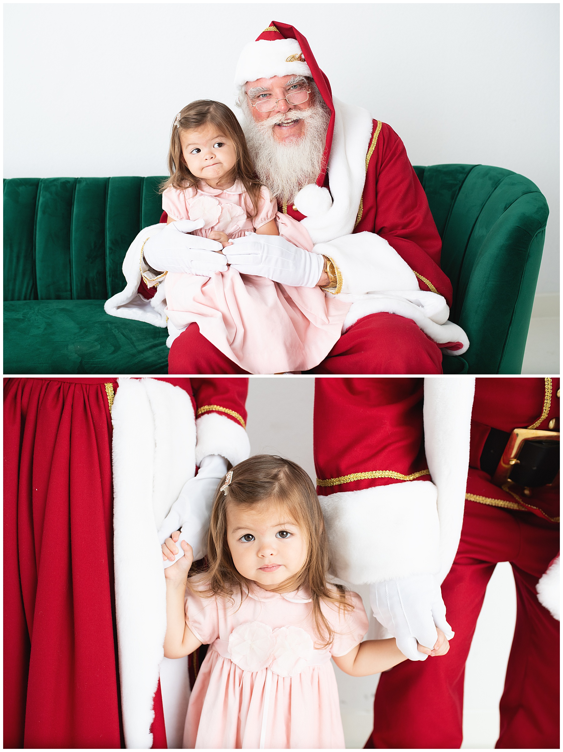 Little girl sitting with Santa and unsure about it