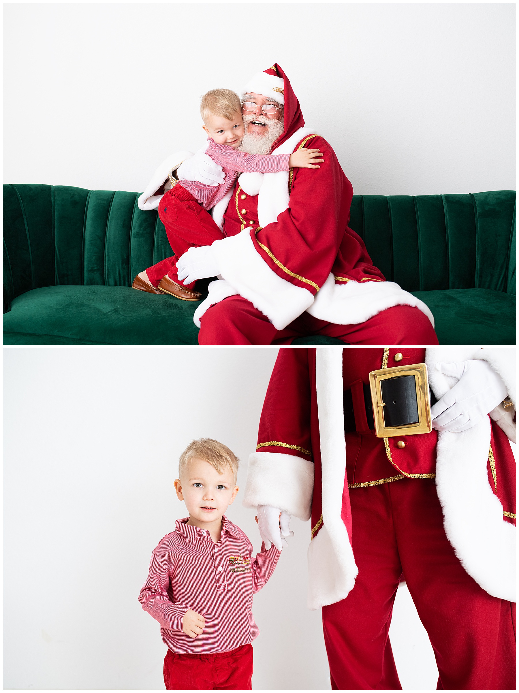 excited and happy boy hugging on santa