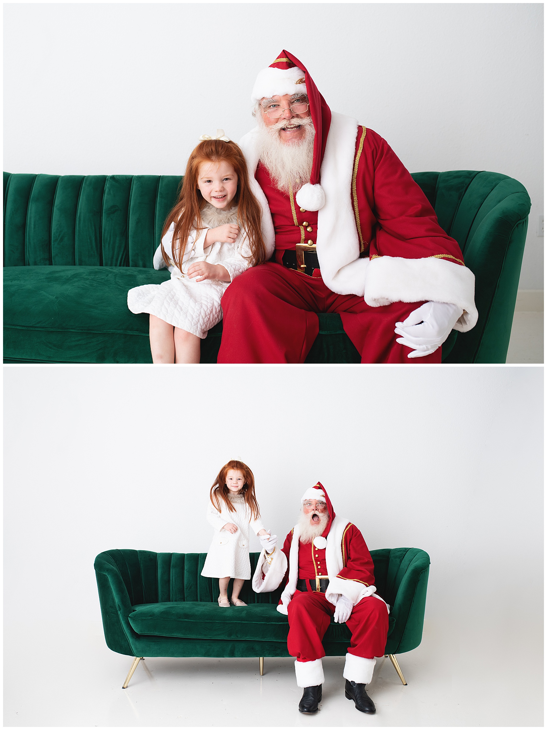 excited little girl jumping on the couch with Santa