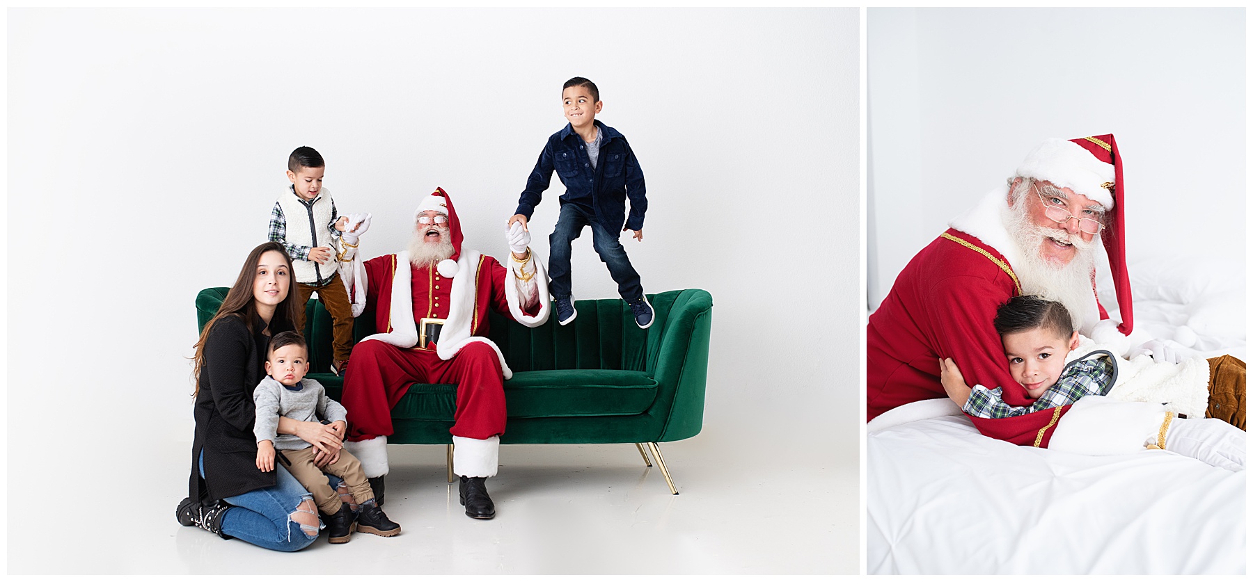 Crazy brothers jumping with Santa on the couch
