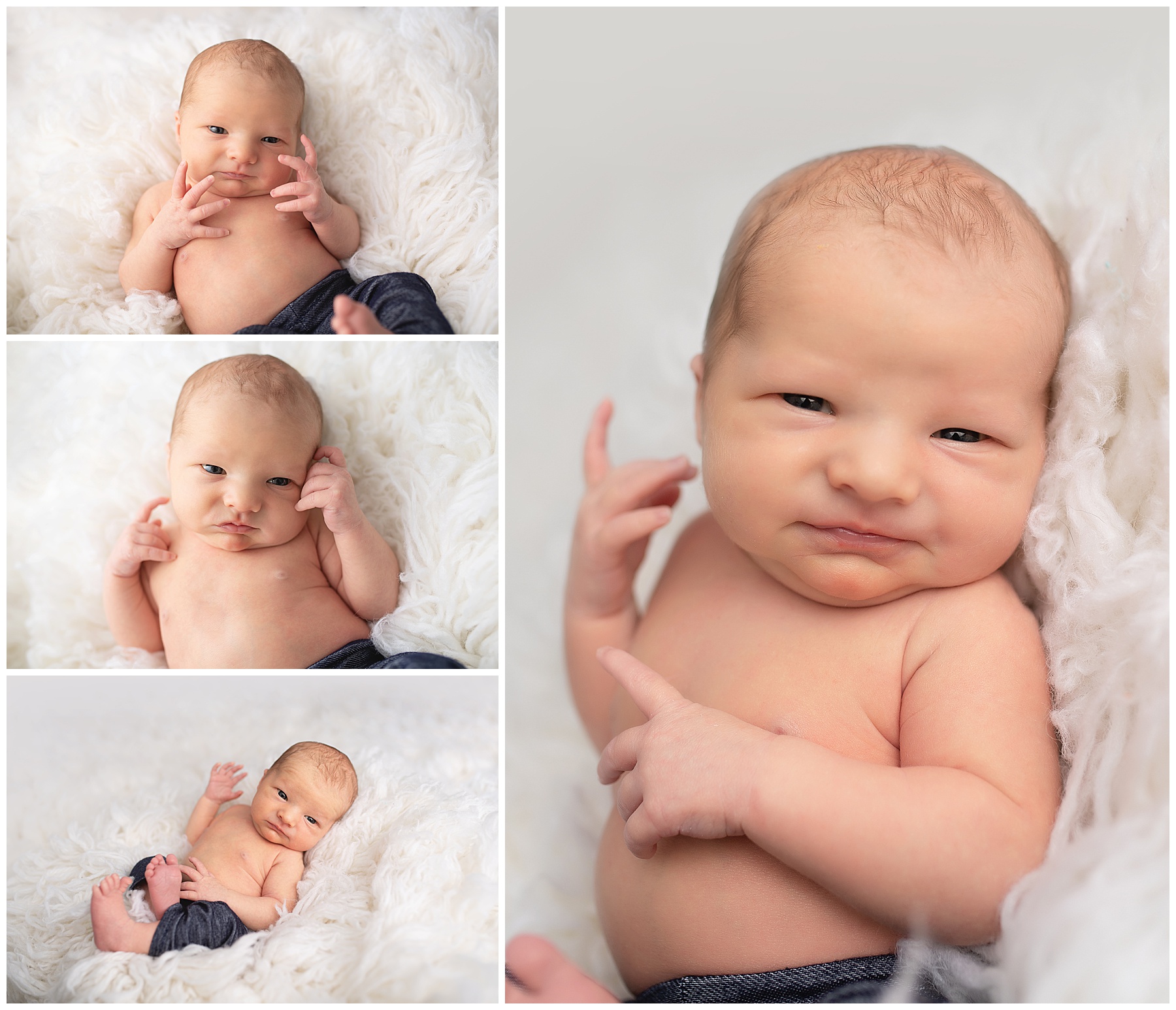 newborn with his eyes open for some photos