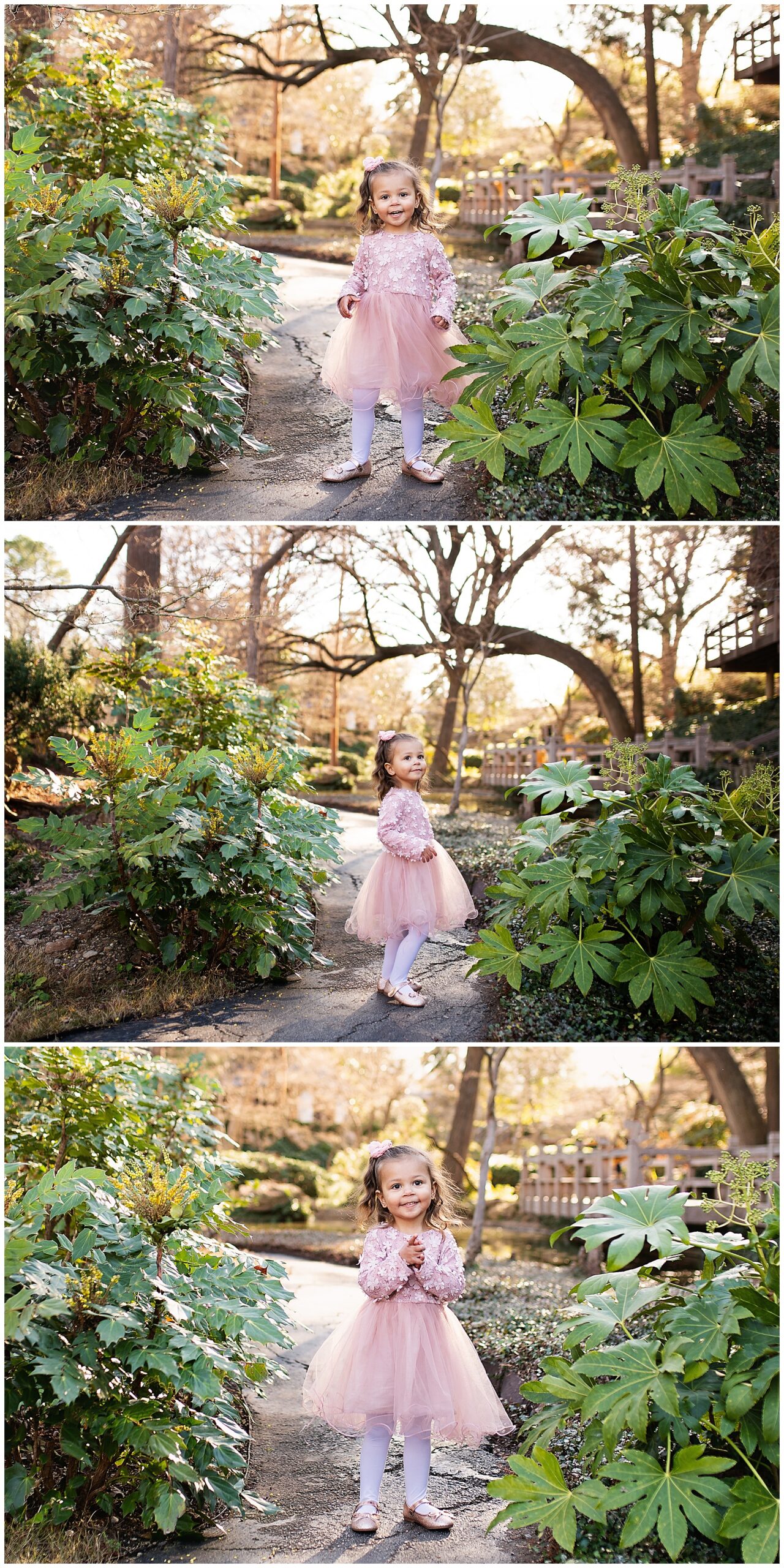 little girl smiling while walking through the foliage in the Japanese Gardens