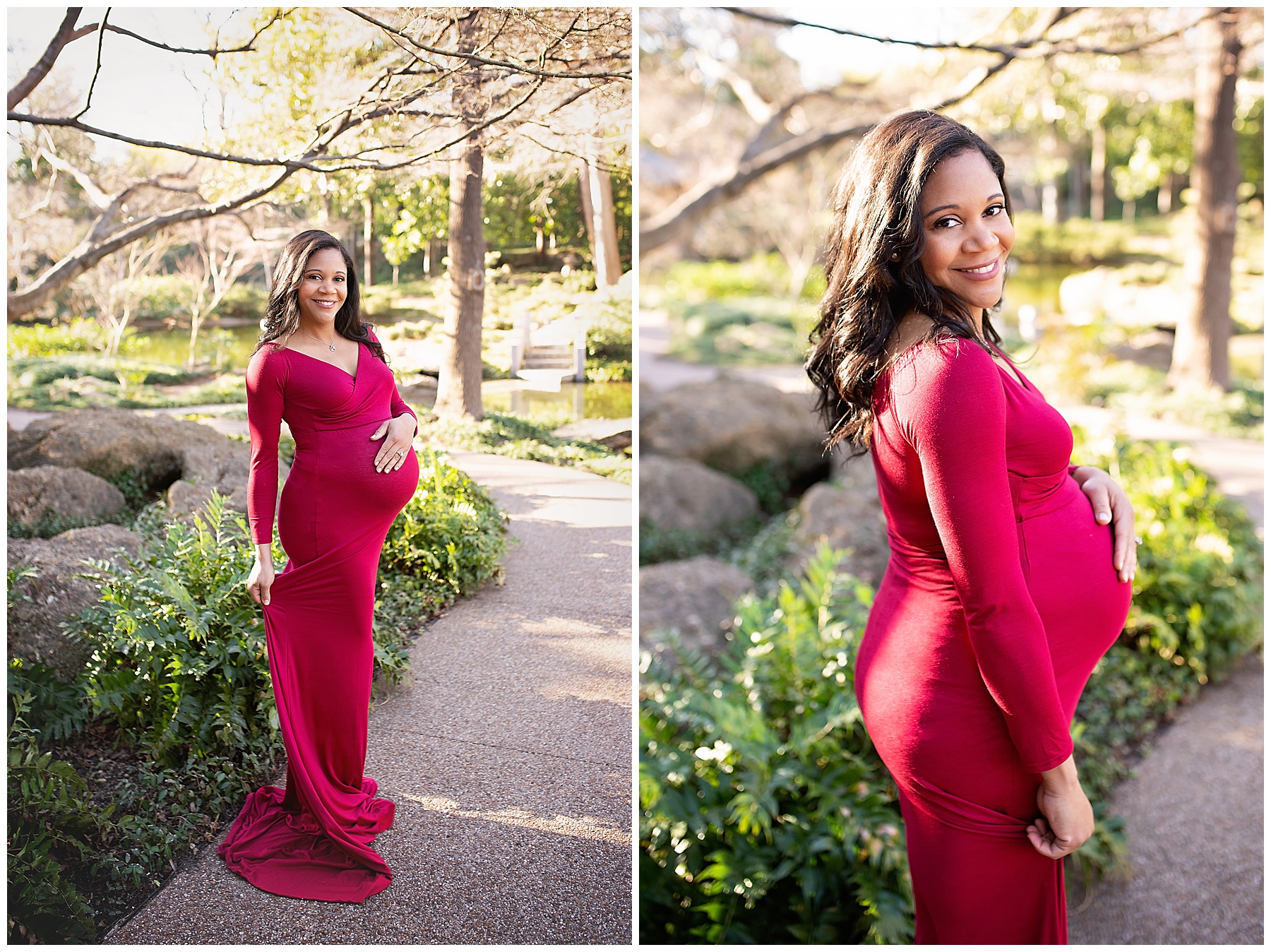 mom to be in a stunning red dress 