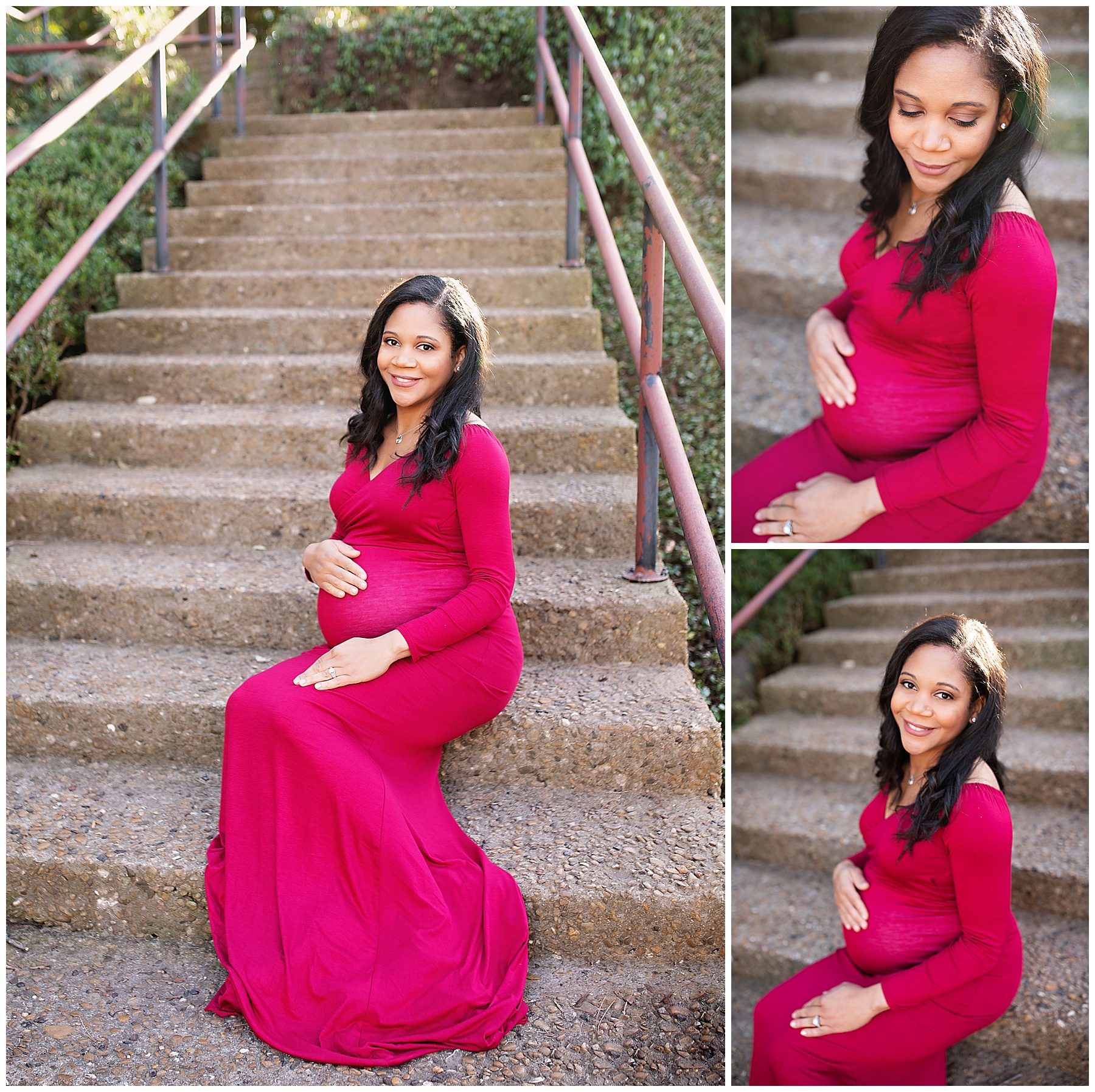 mom to be sitting on stairs excited to meet her new baby soon