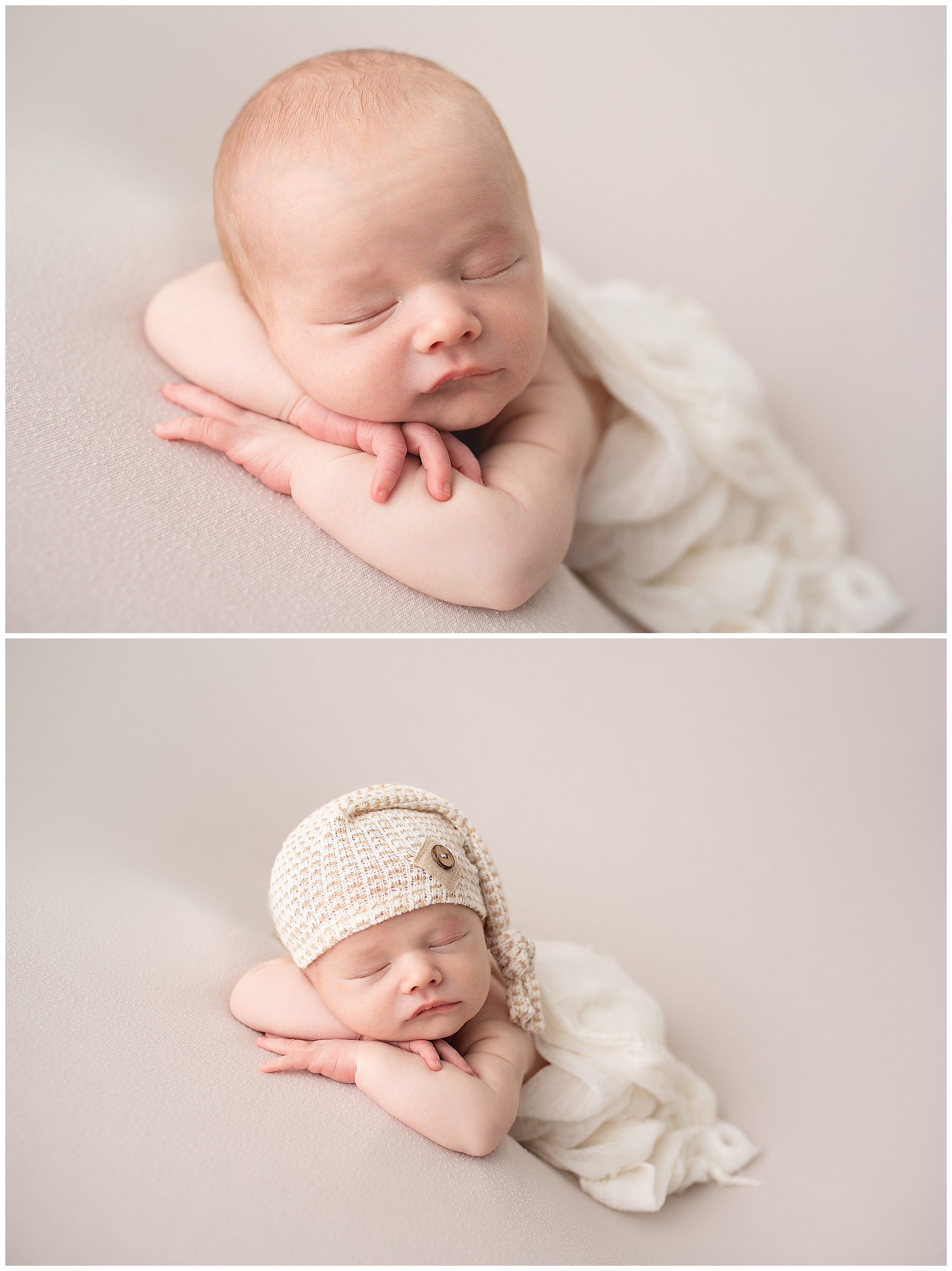 newborn session with his head propped on his hands