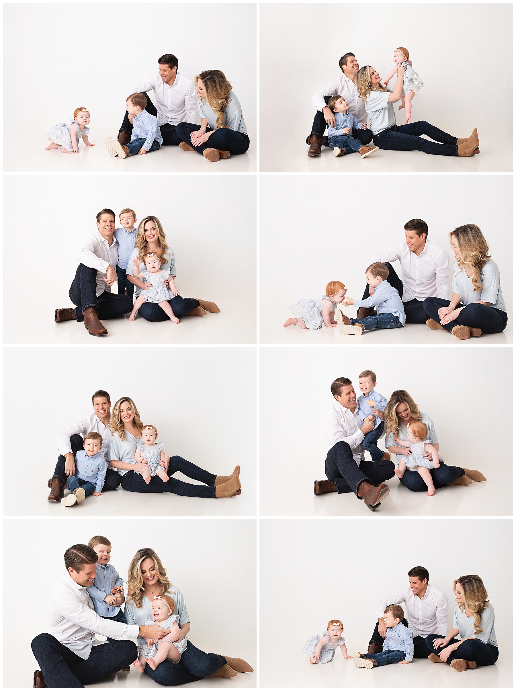 family of four sitting on all white for family photos