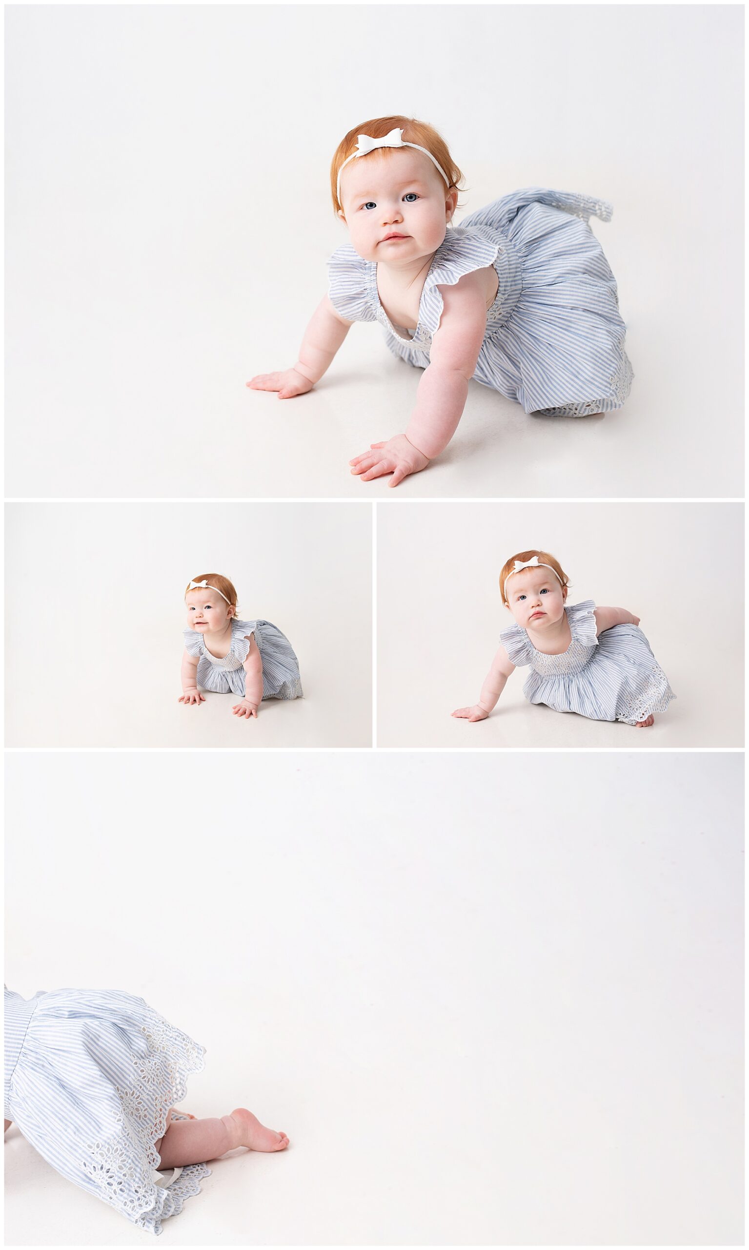 little girl crawling around the studio during her one year session