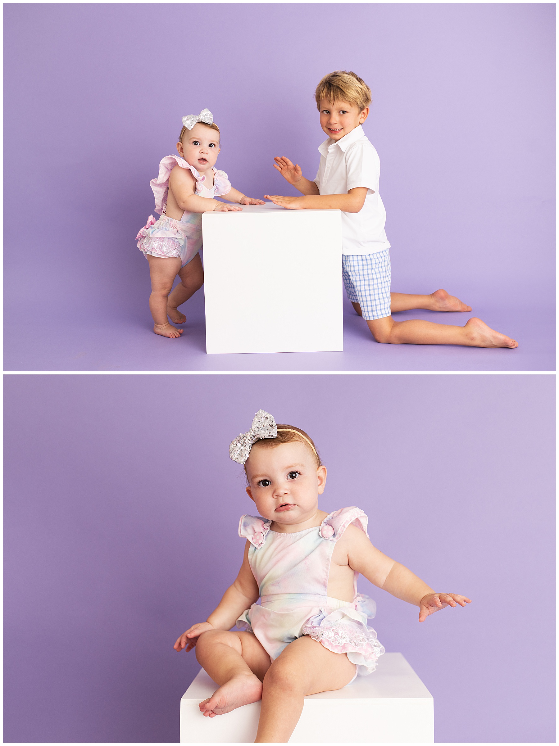 girl sitting on a box for one year photos