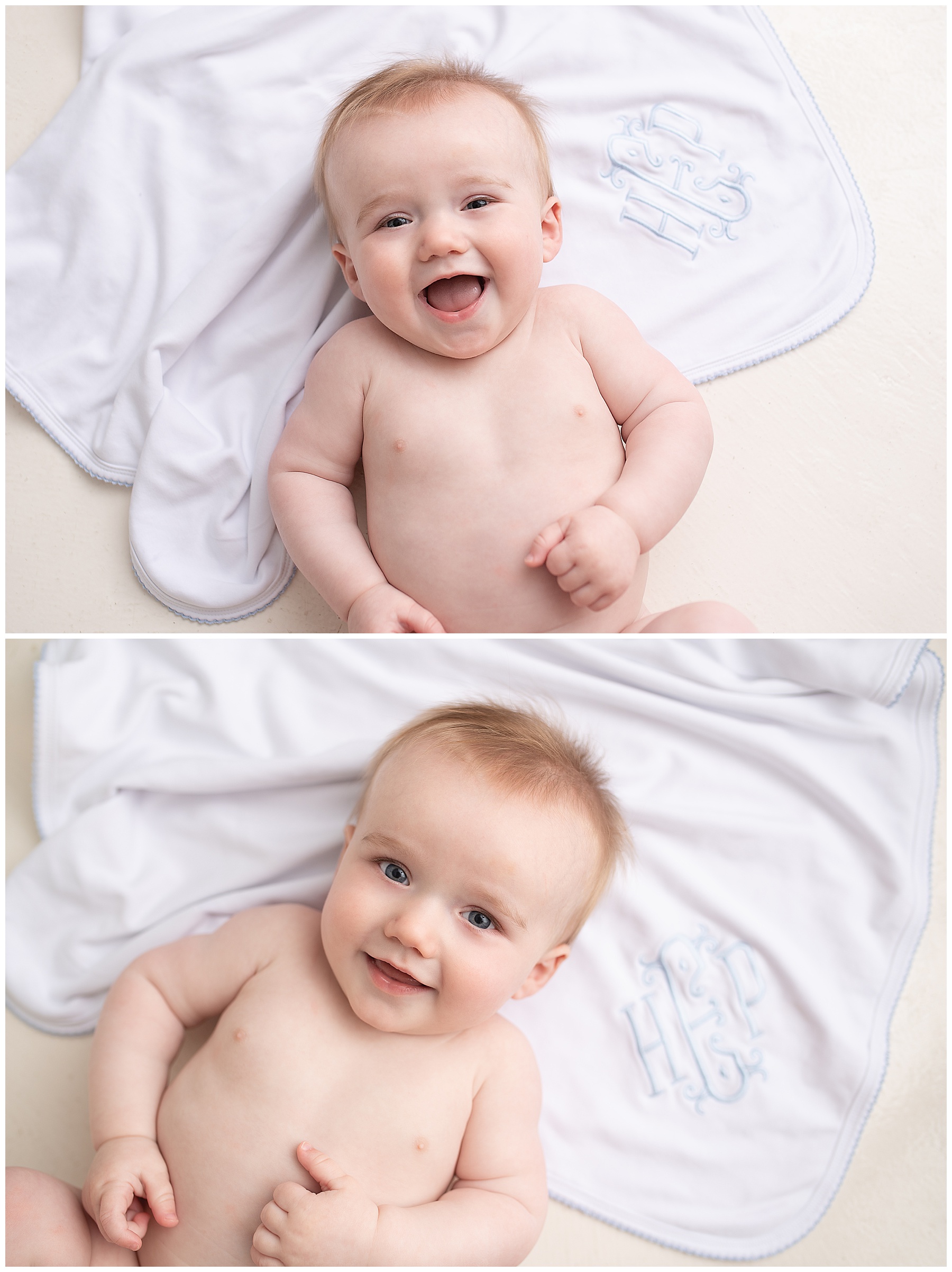 laughing six month old laying near his monogram blanket