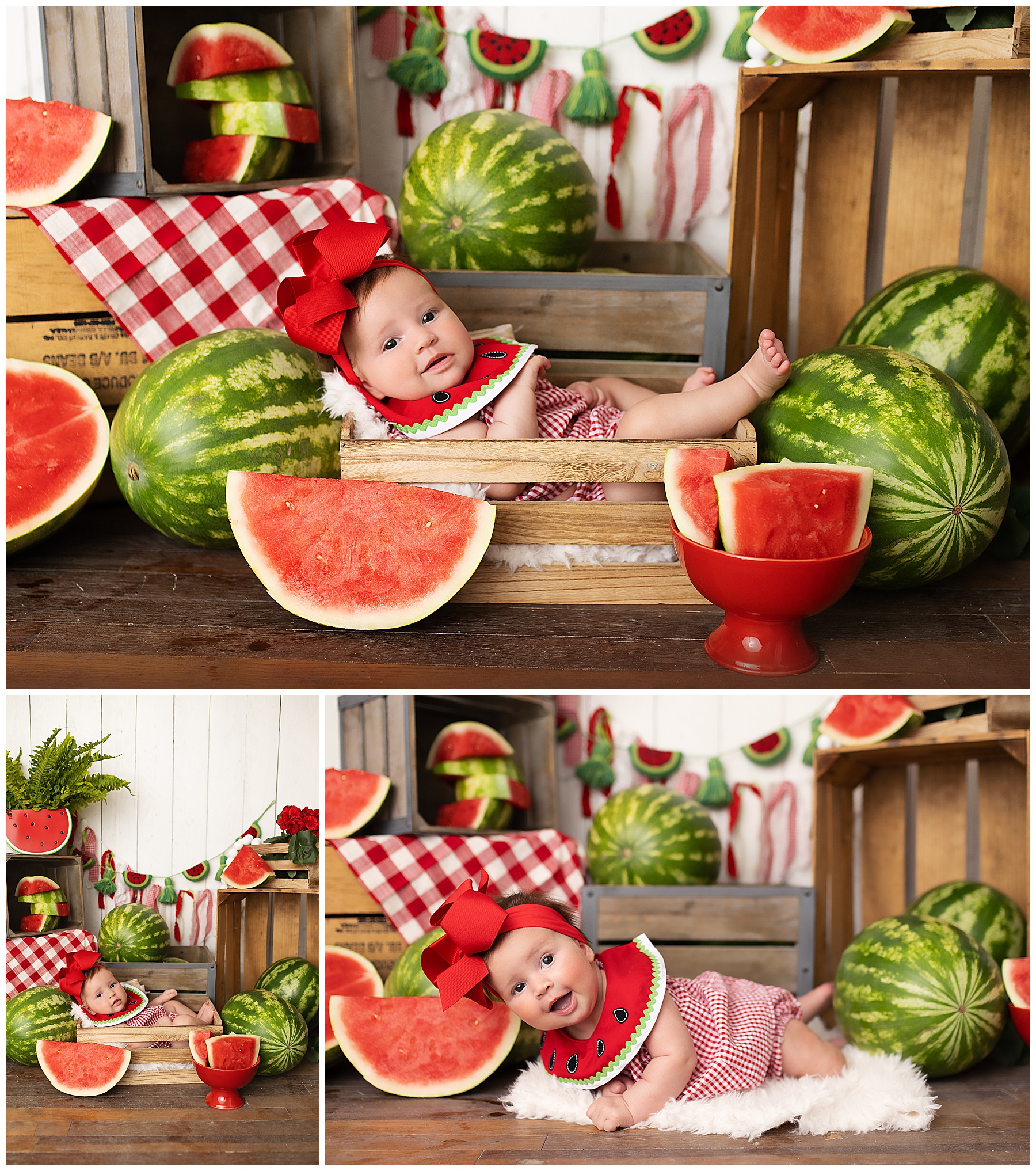 baby girl laying in a bucket with watermelon all around her