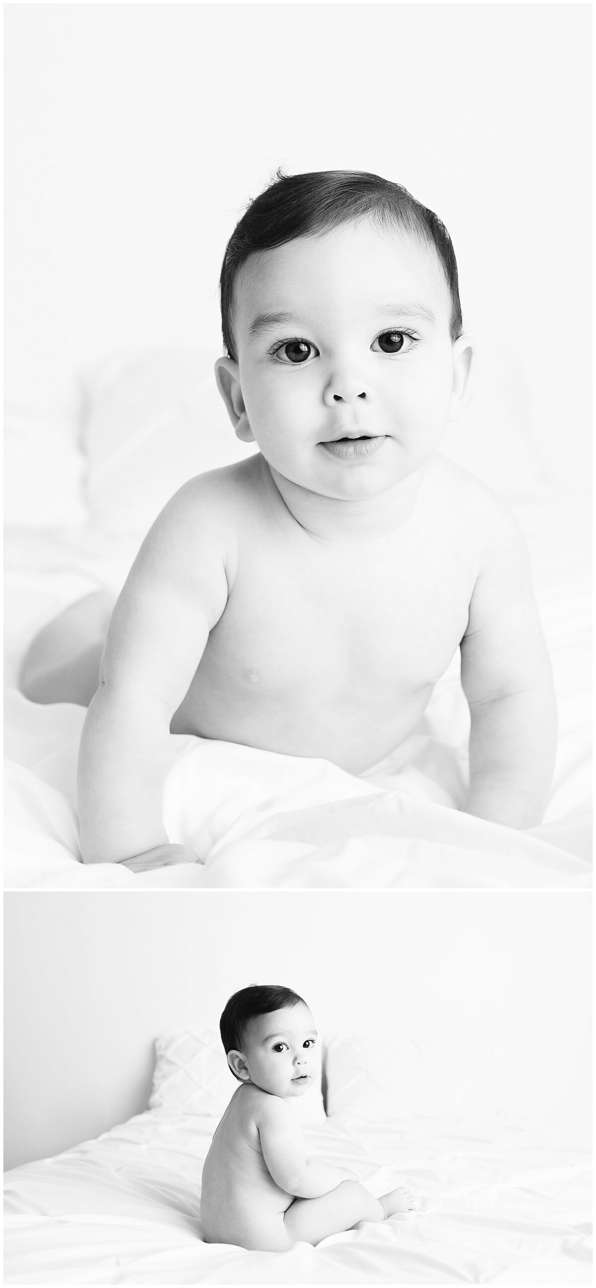 six month baby boy on the studio bed