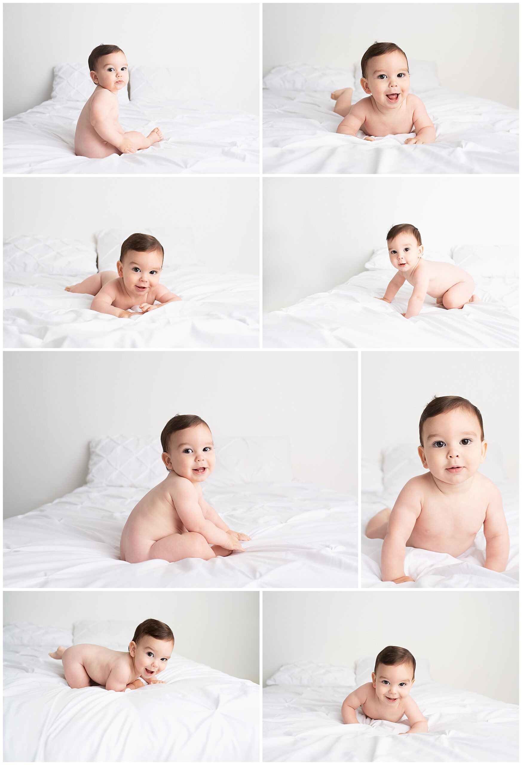 happy baby boy crawling around on the studio bed for his photo session