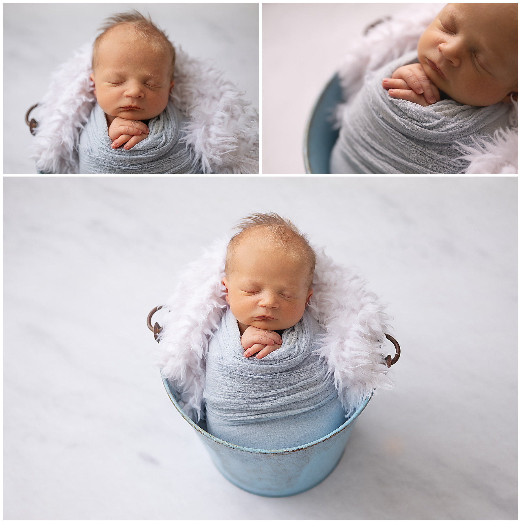 baby boy laying in a bucket for his newborn photo session