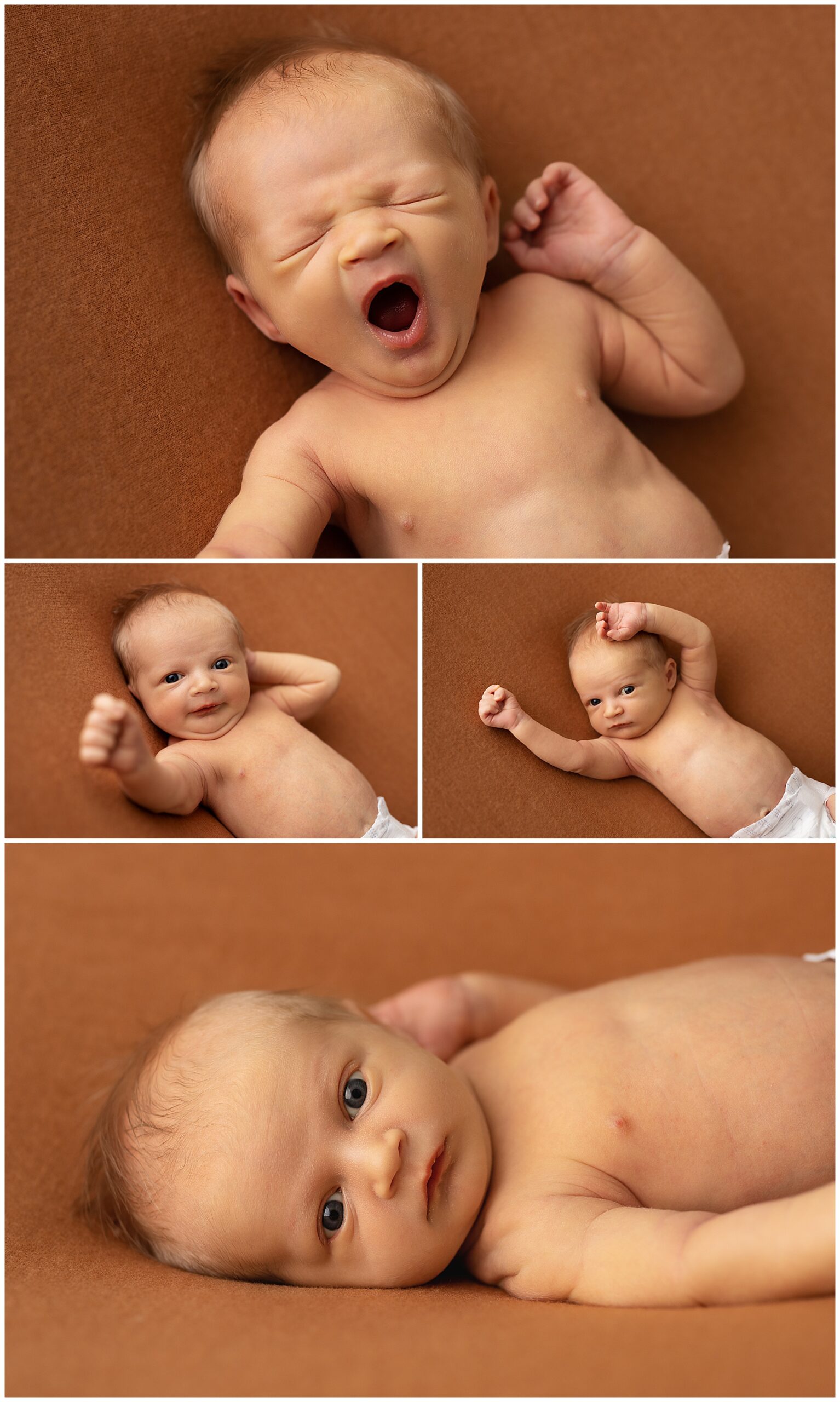 big yawn and stretch for this newborn baby boy during his newborn photo session in the studio