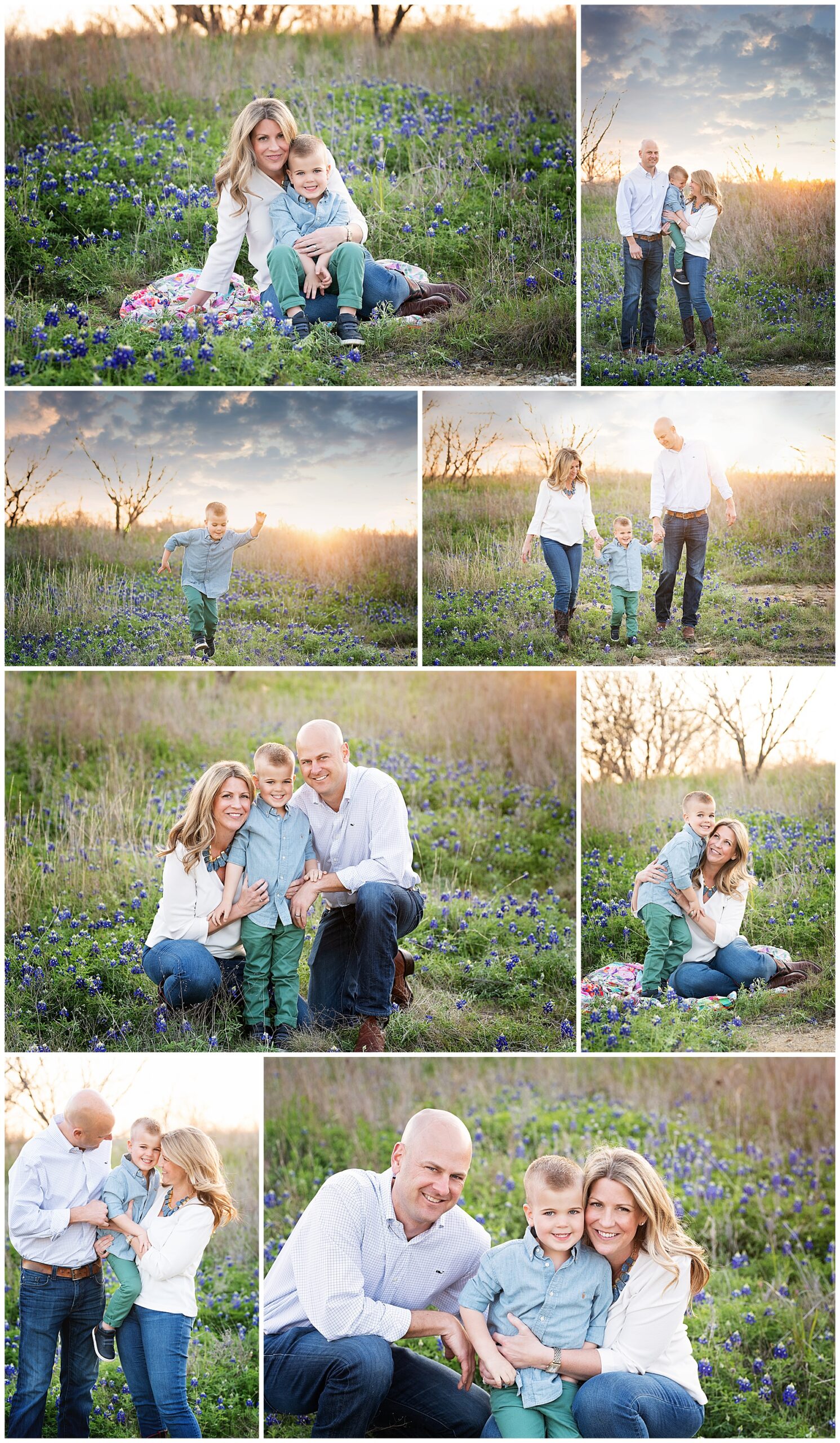 mom and dad loving on their son in the bluebonnets
