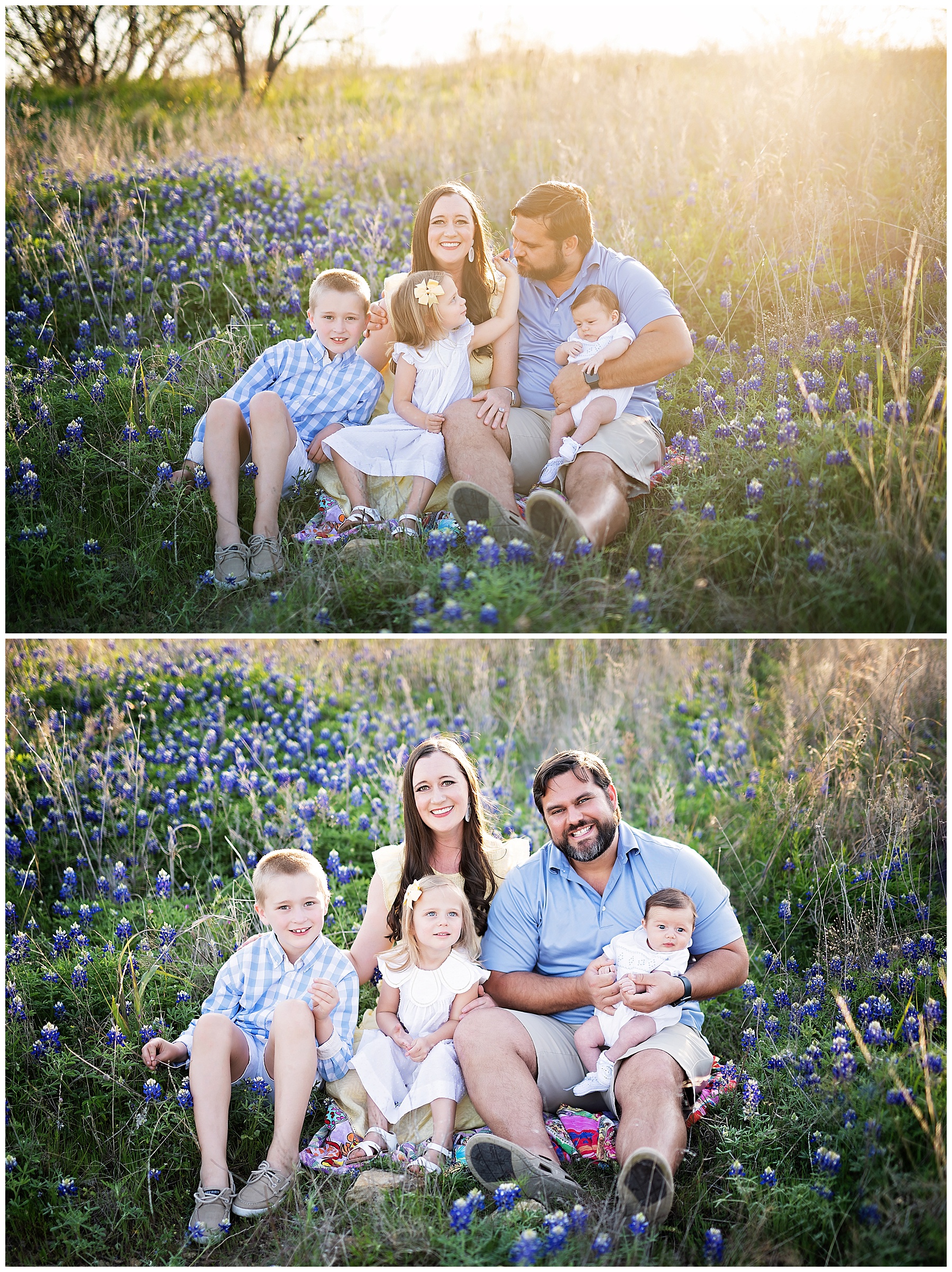 family of five sitting a bluebonnet field for their family photos