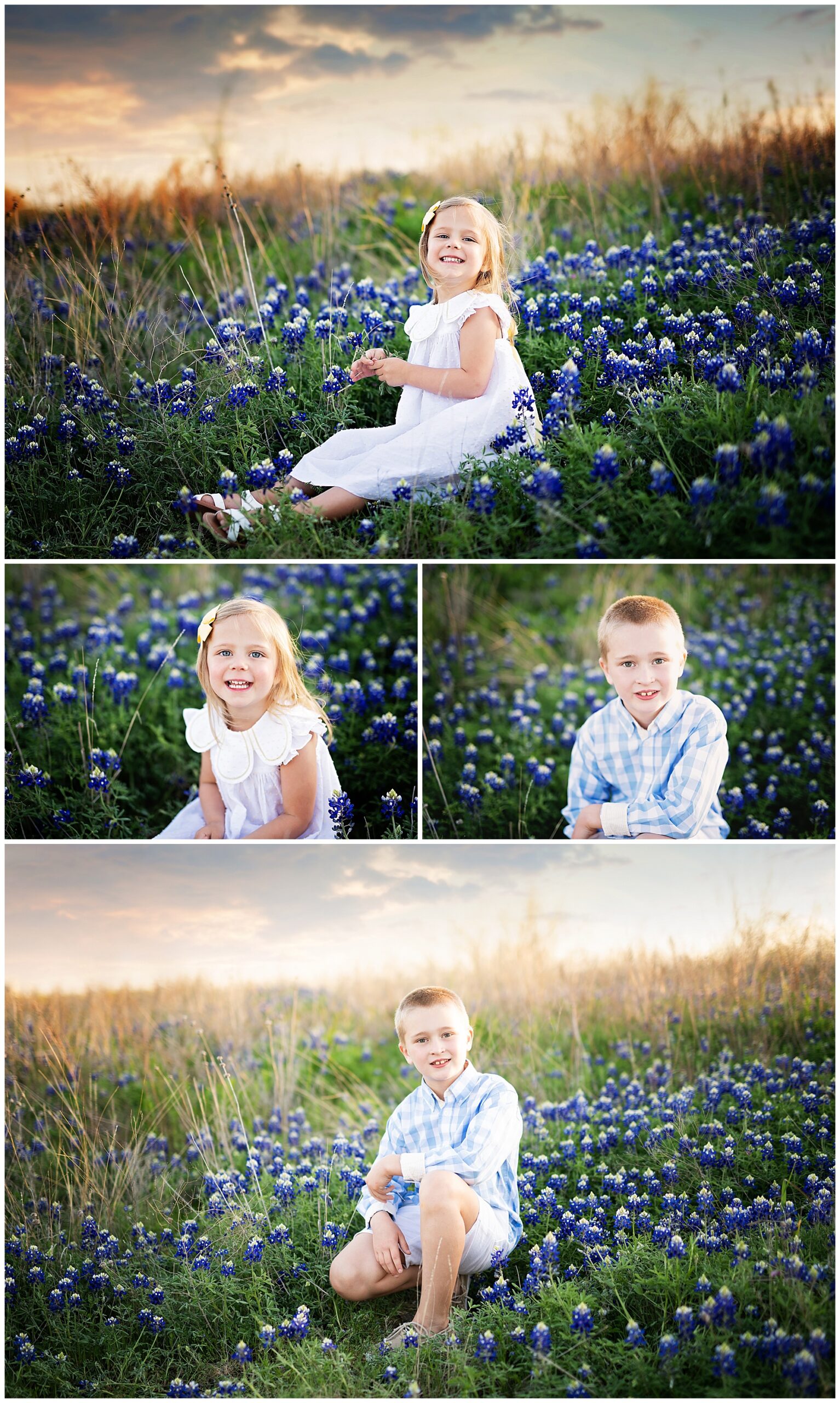 kids sitting in a large bluebonnet field for their photo session