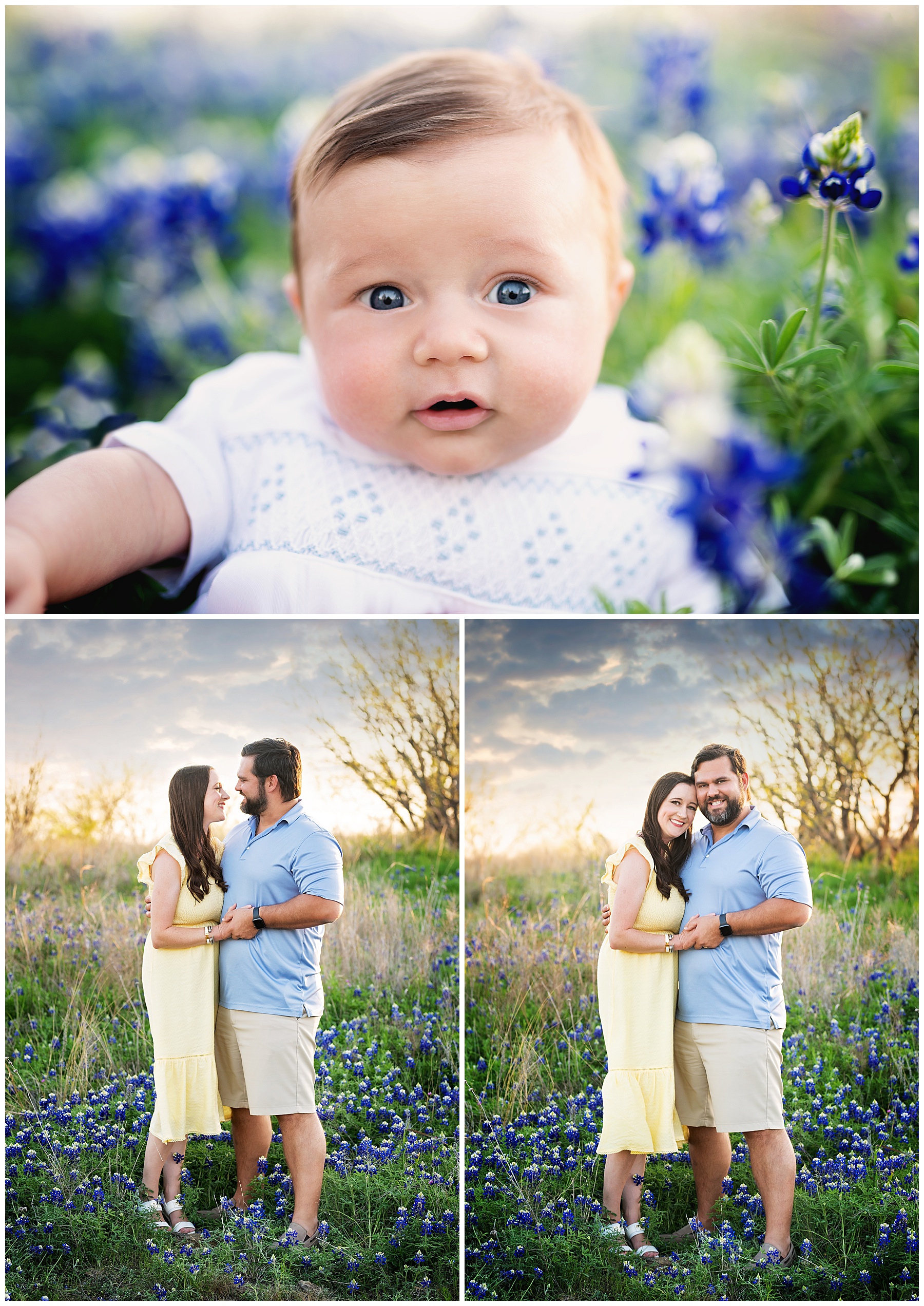 three month baby boy sitting deep in the bluebonnets