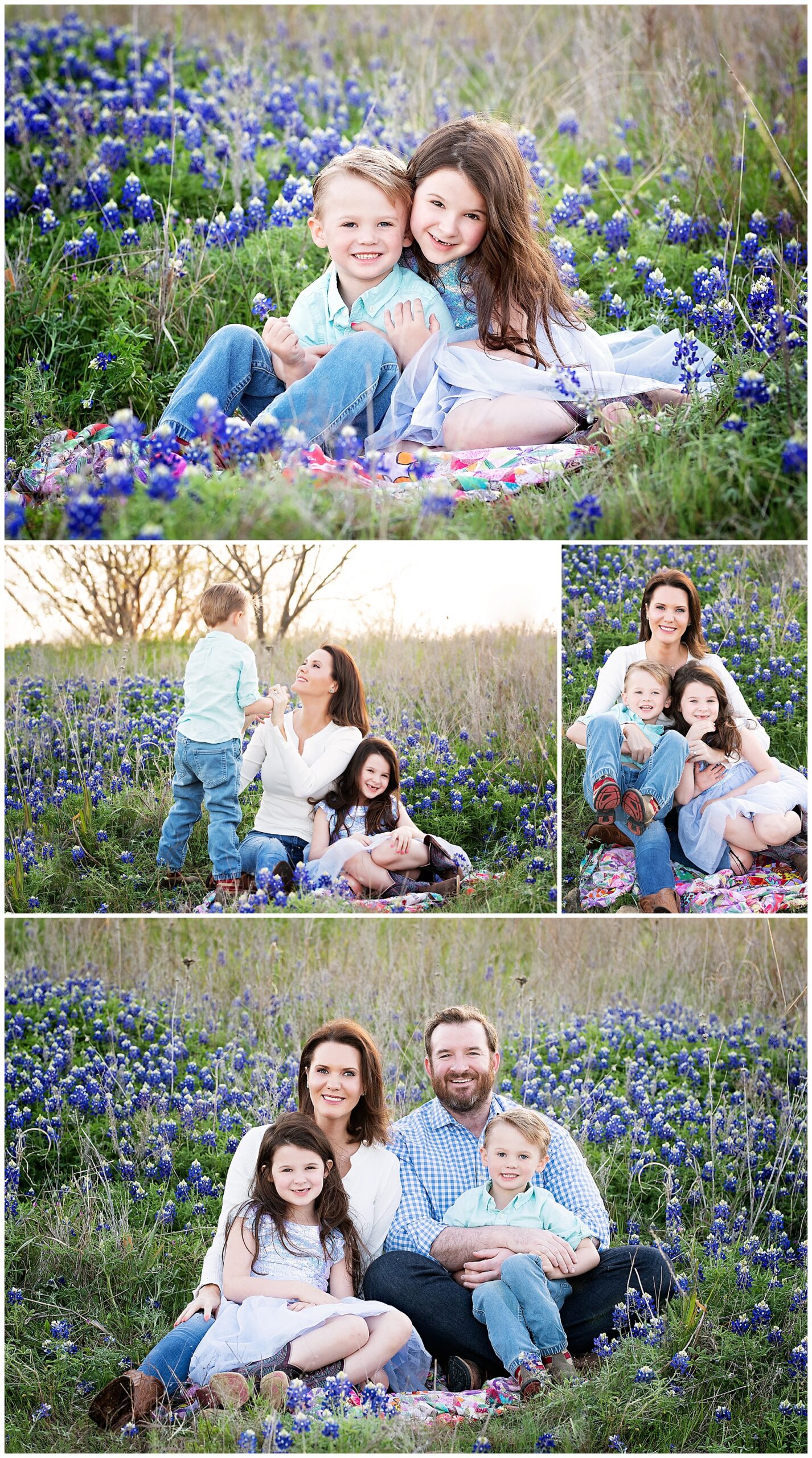 mom and her two kids sitting within the bluebonnets