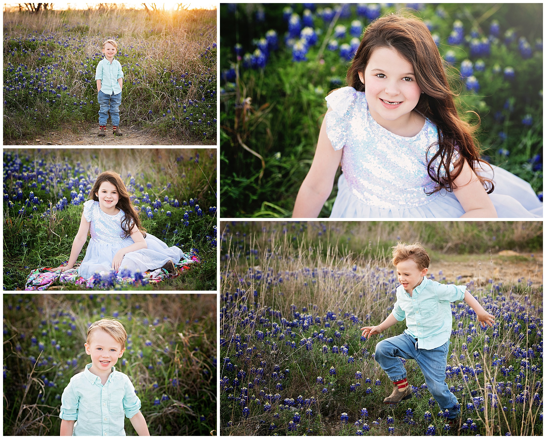 siblings running through the bluebonnets during their mini session