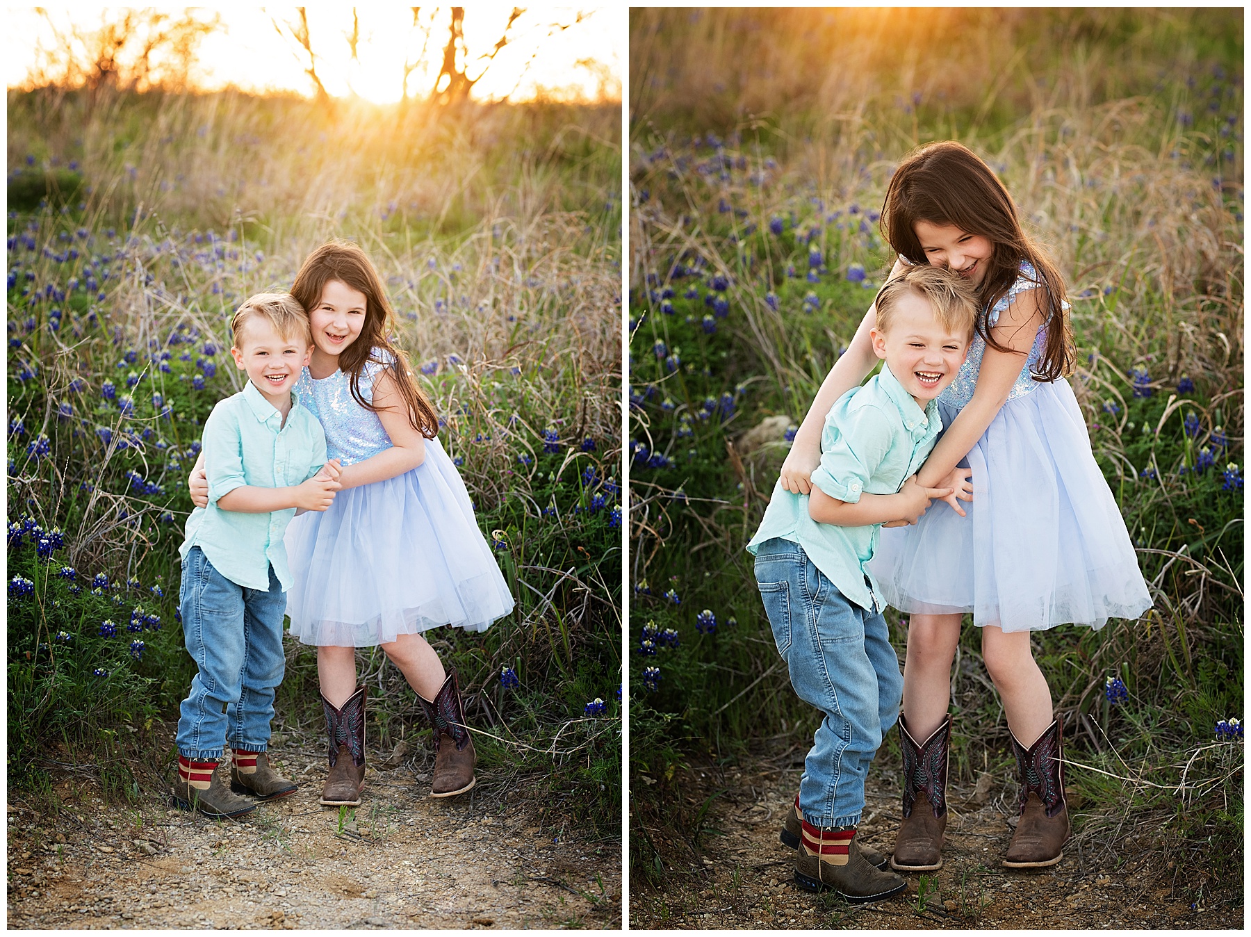brother and sister in the bluebonnets having fun 