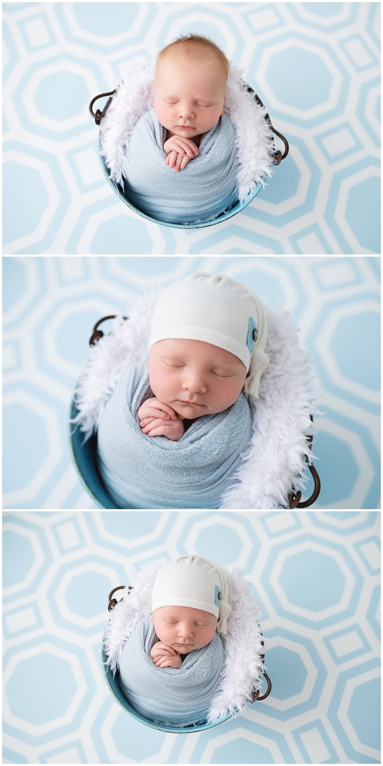 newborn baby sleeping in a bucket for his newborn photos