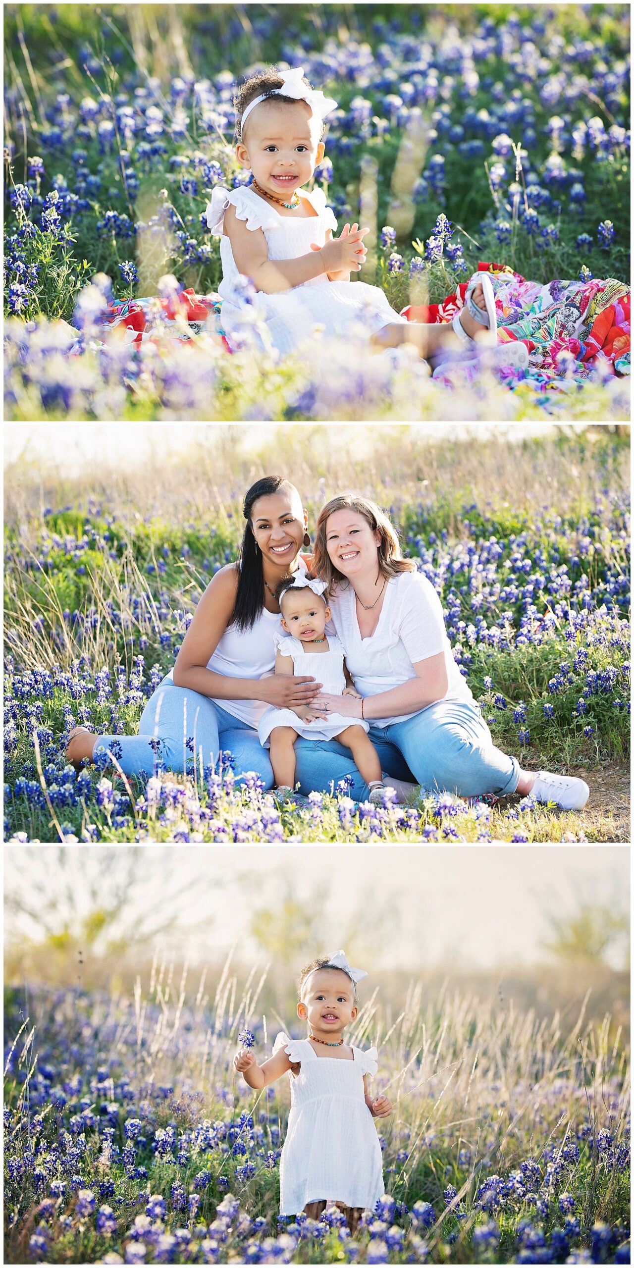 family of three sitting within the bluebonnets