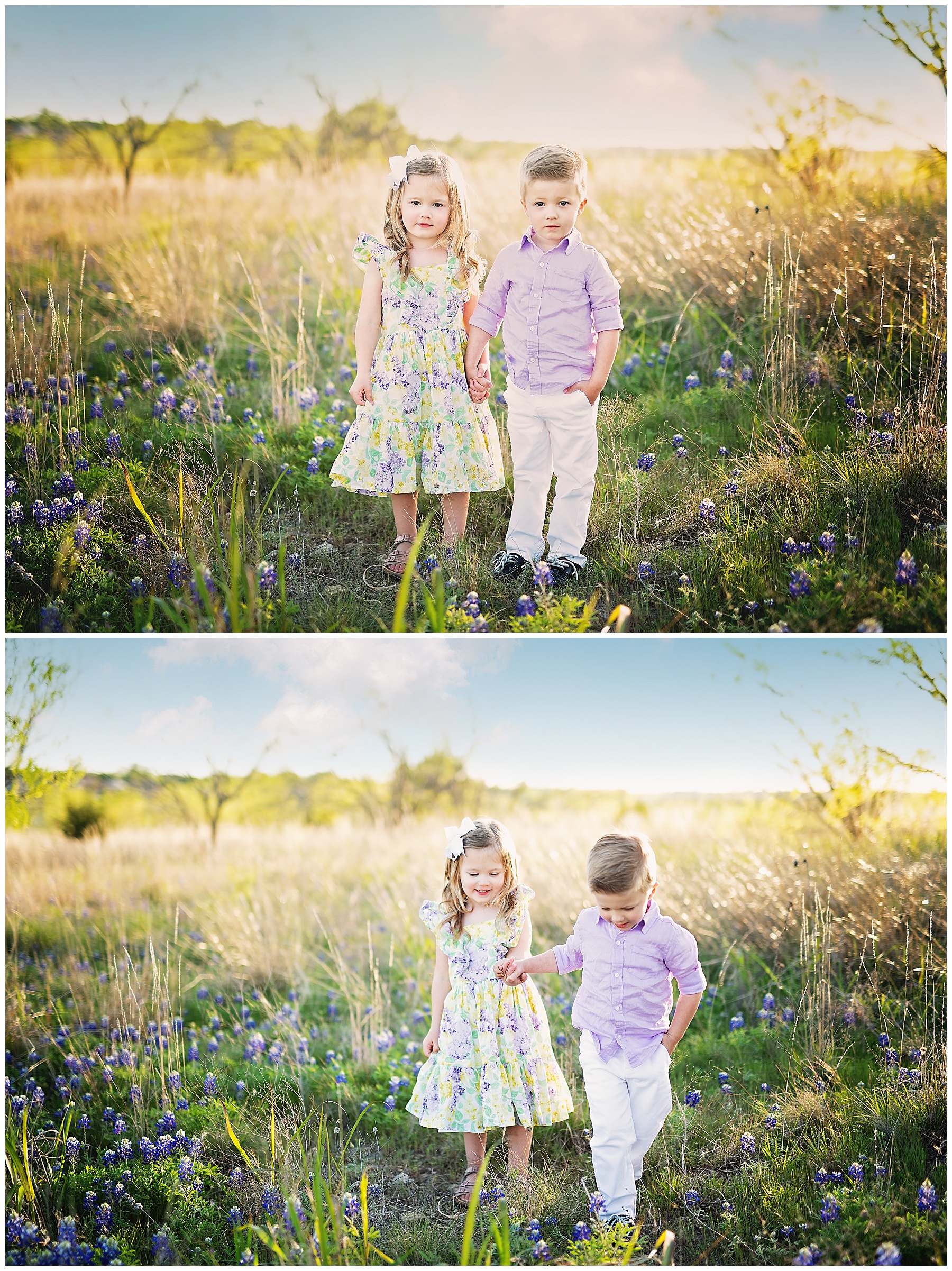 brother and sister walking through the bluebonnet field